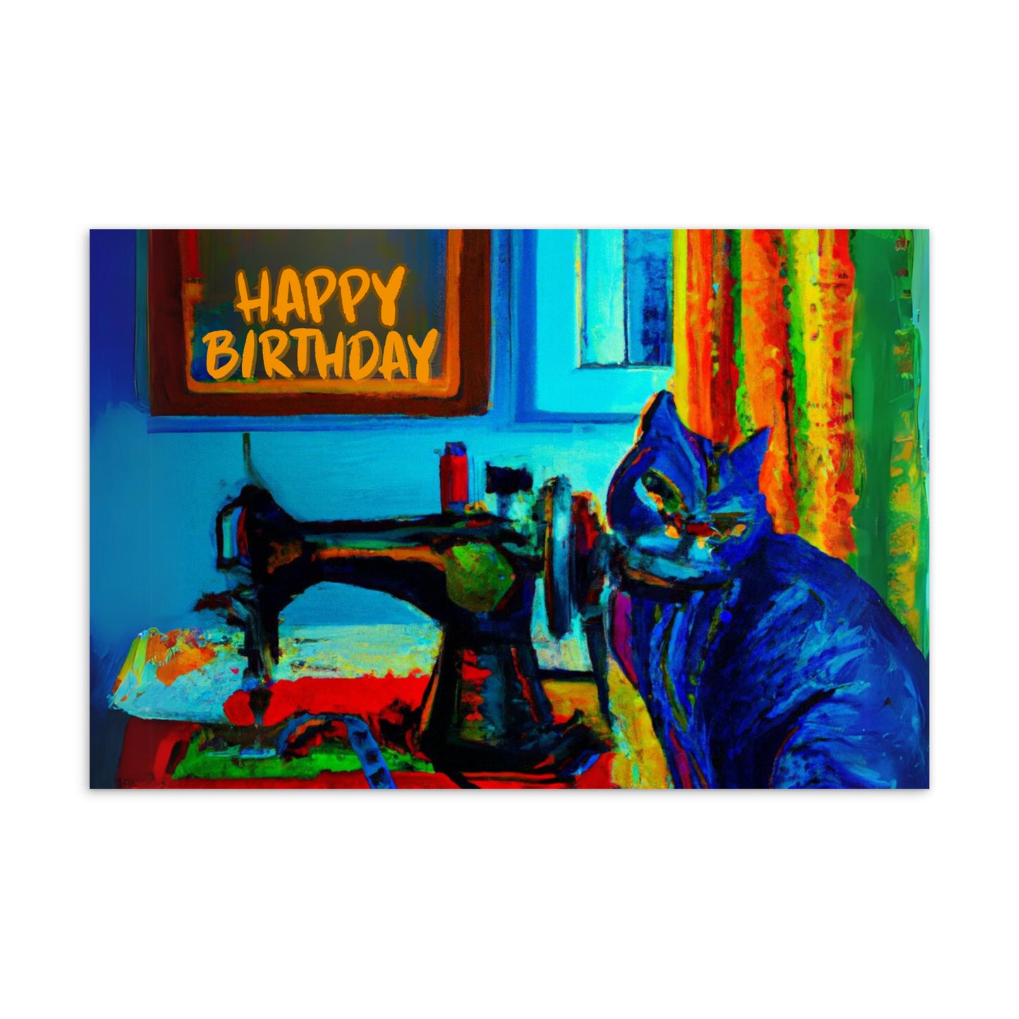 Happy Birthday Blue Sewing Cat Note Card