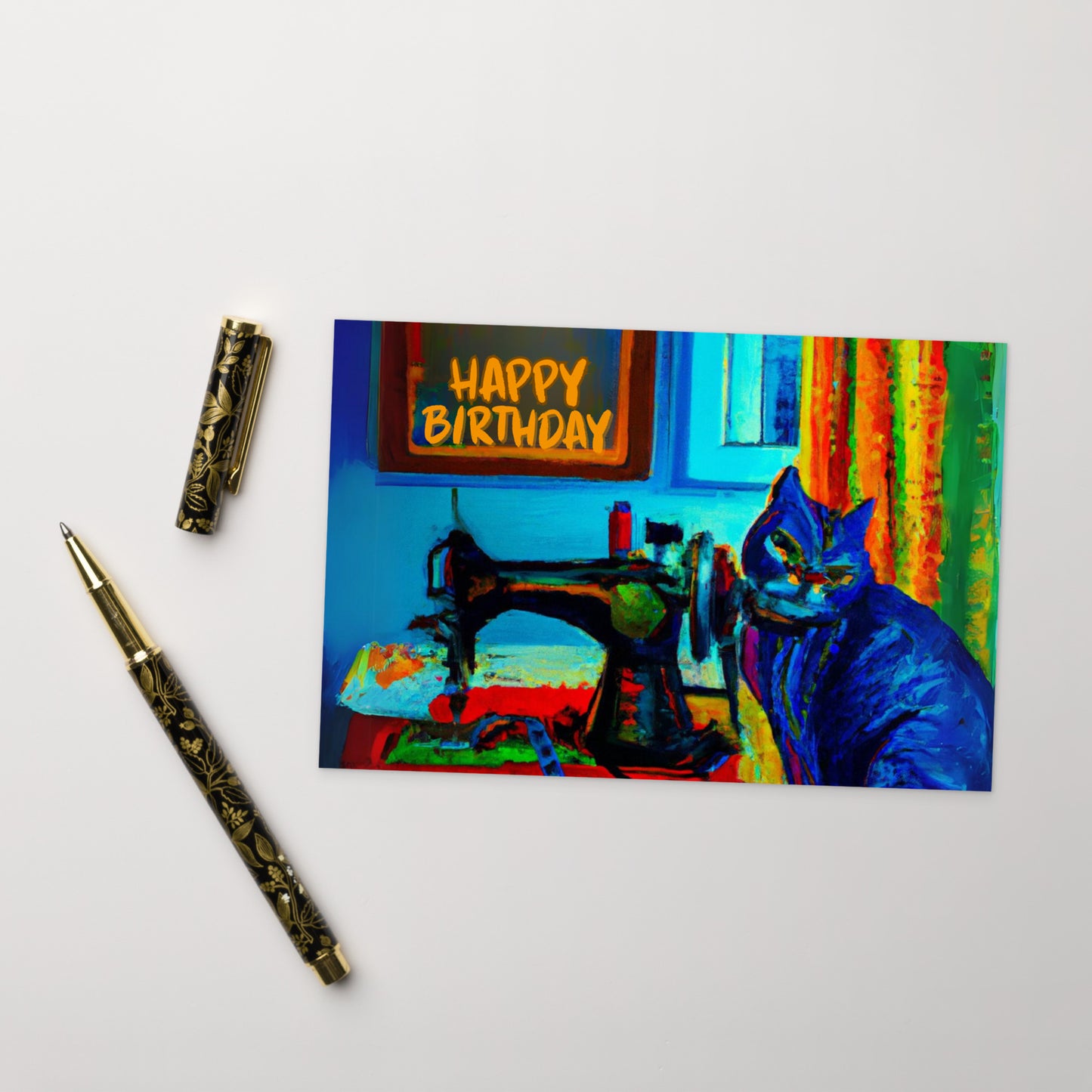 Happy Birthday Blue Sewing Cat Note Card