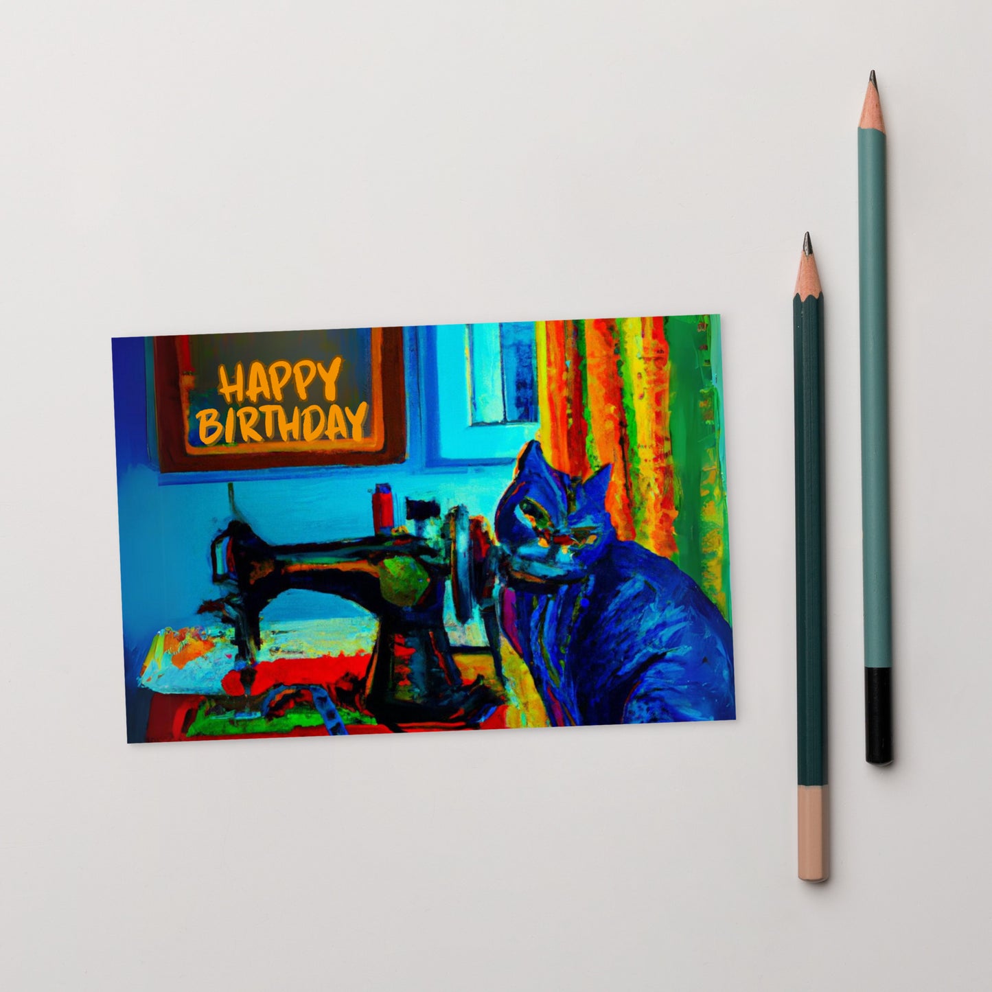 Happy Birthday Blue Sewing Cat Note Card