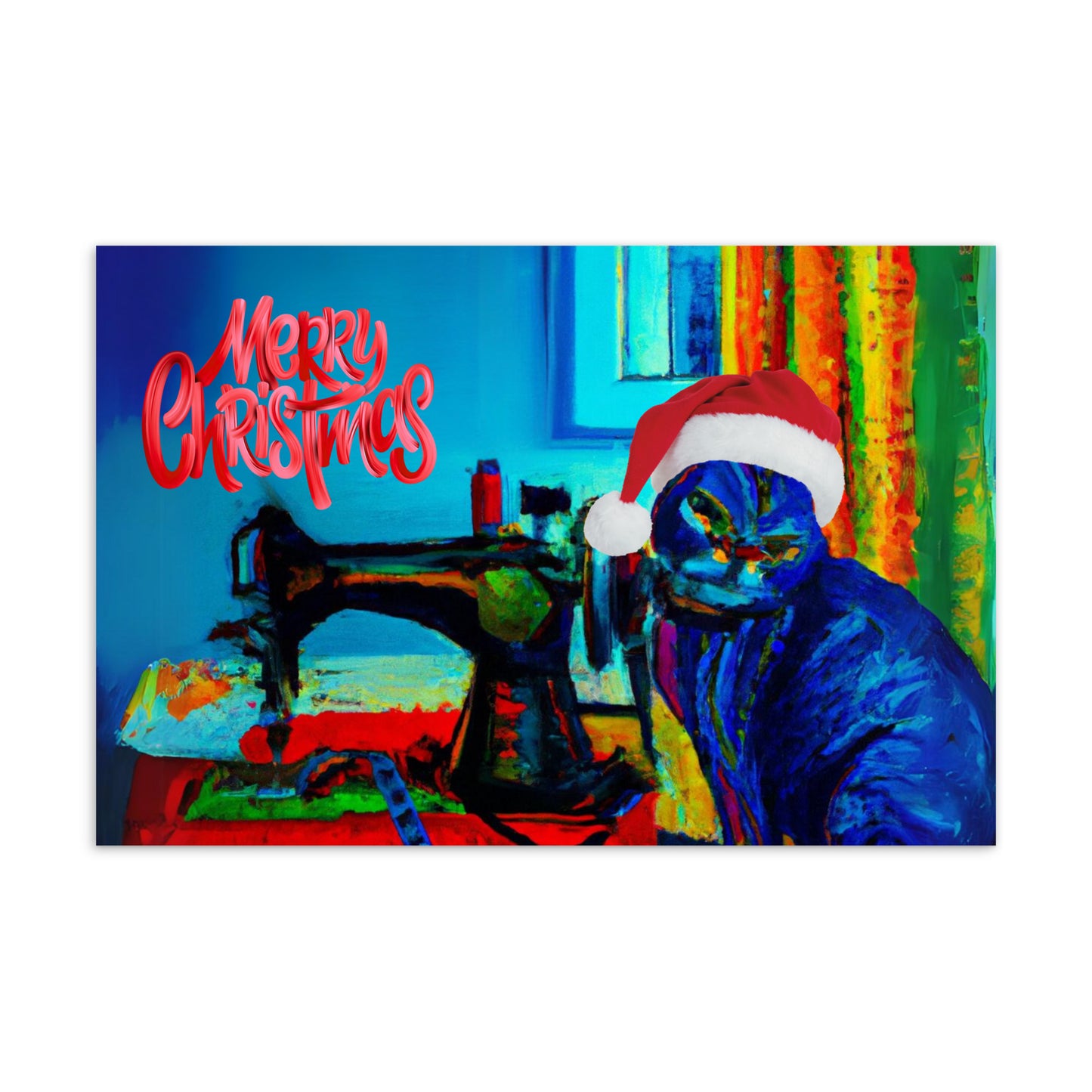 Merry Christmas Note Card Blue Sewing cat