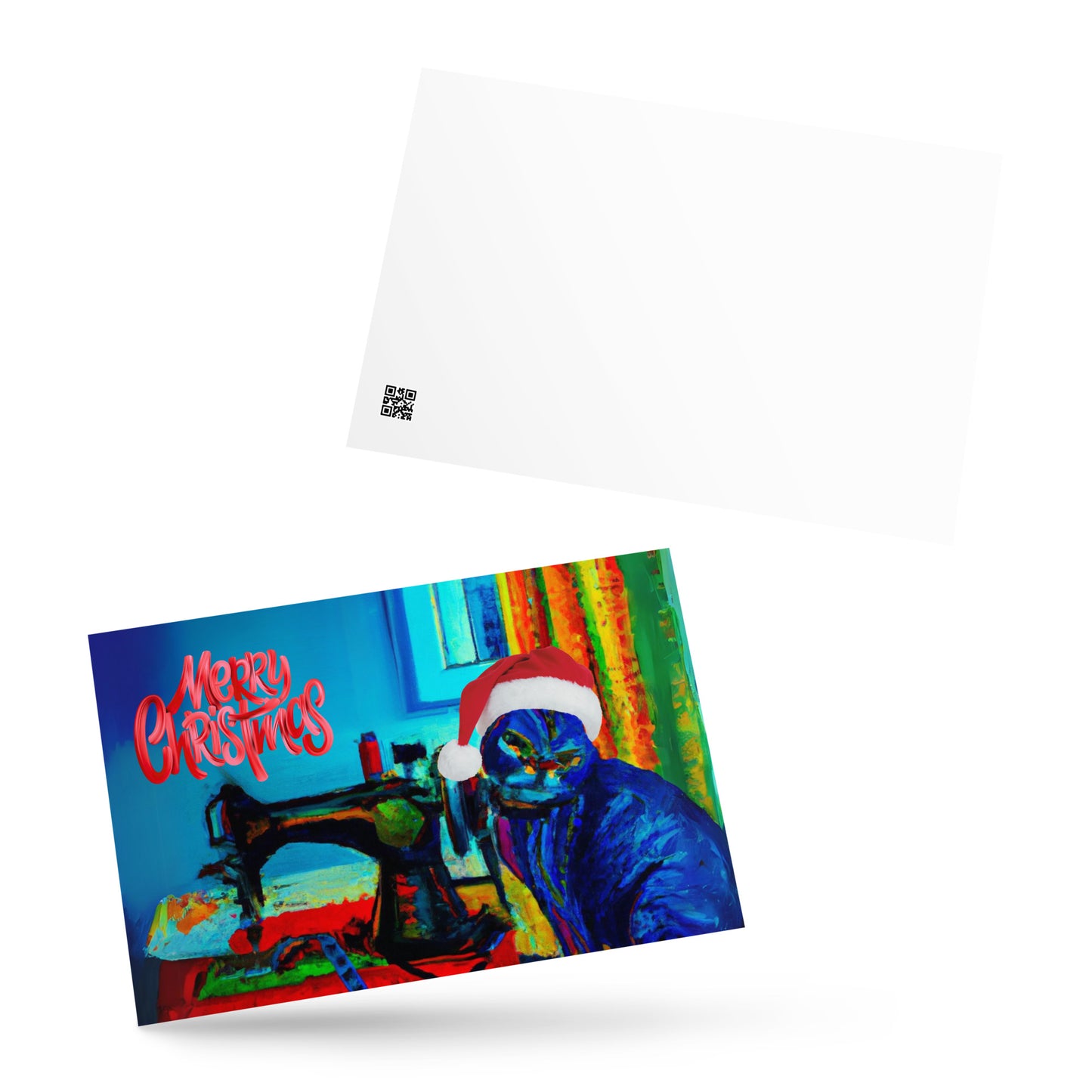 Merry Christmas Note Card Blue Sewing cat