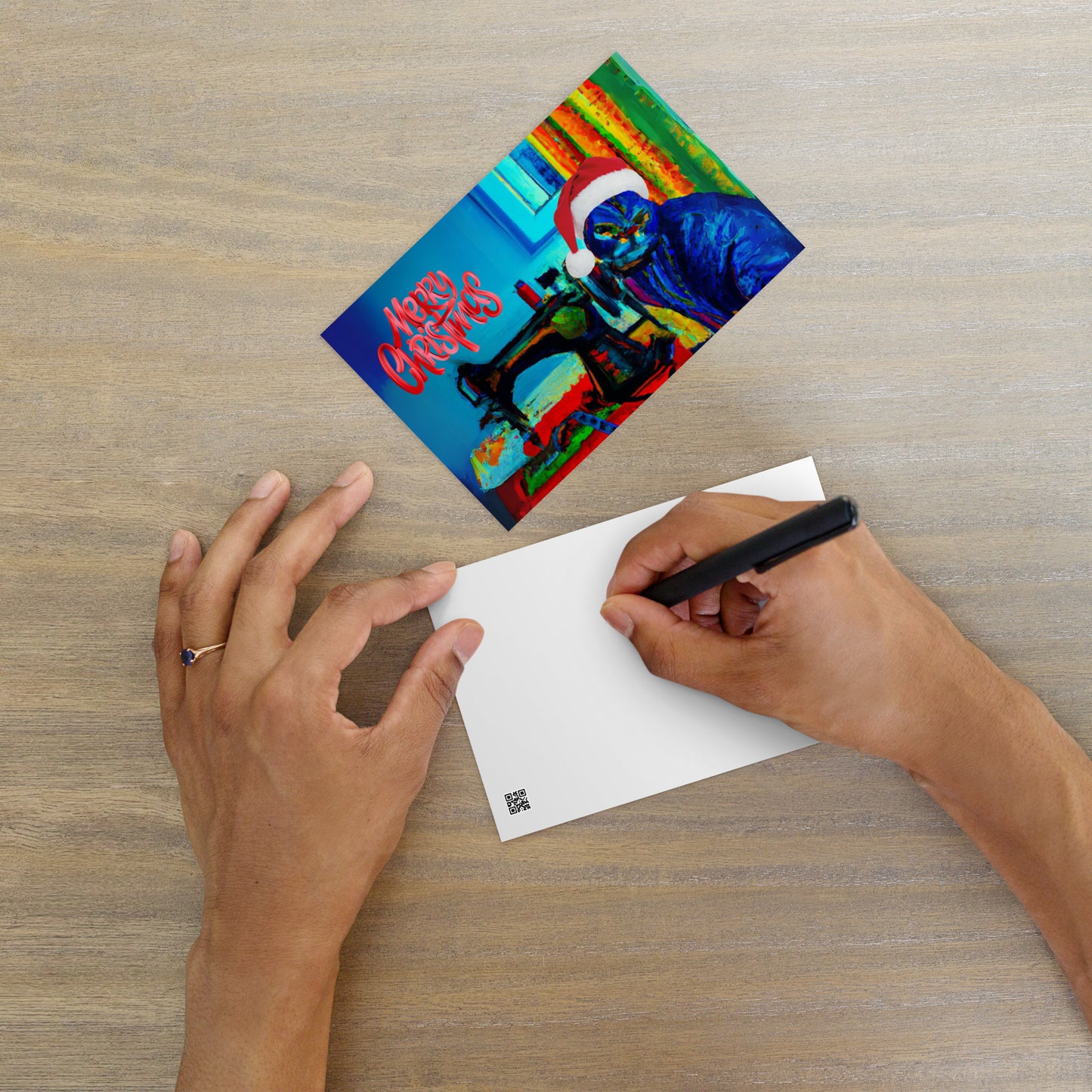 Merry Christmas Note Card Blue Sewing cat