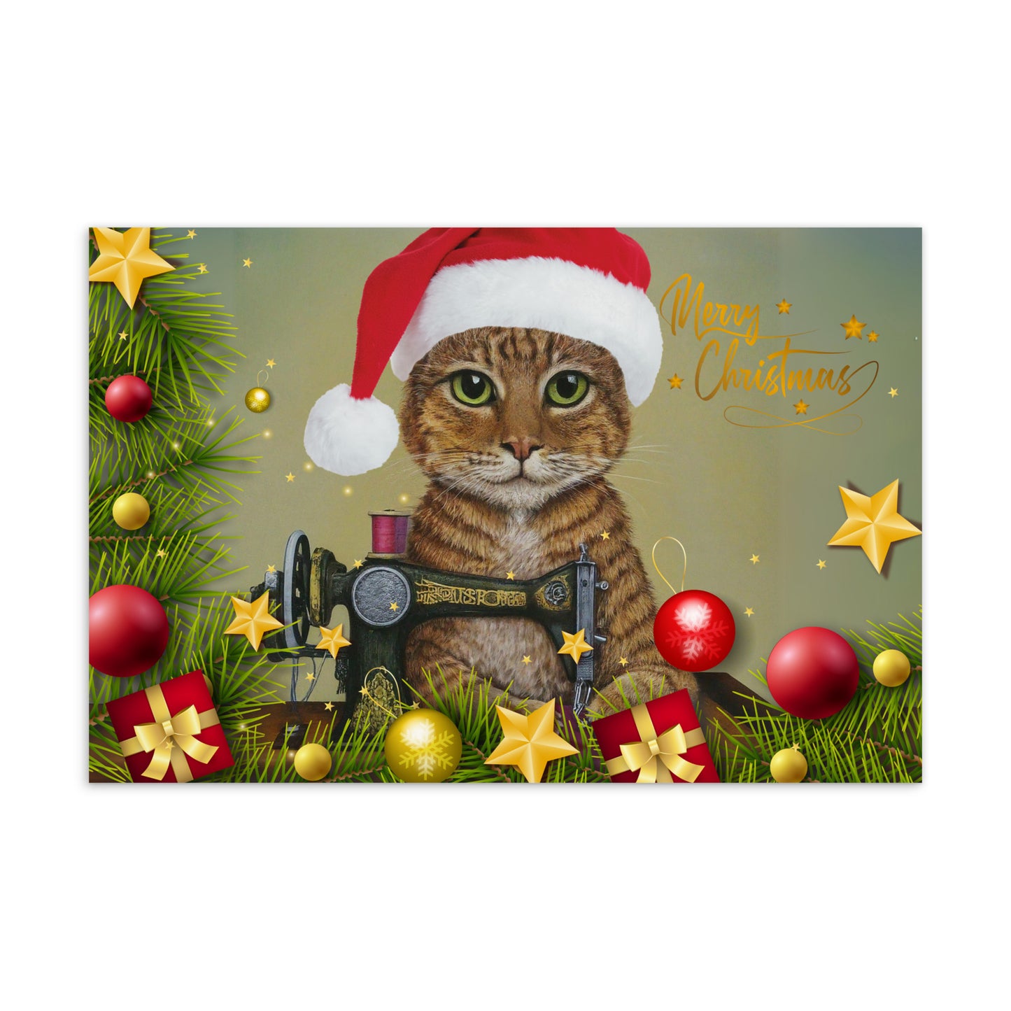 Merry Chrtistmas Ginger Sewing Cat Note Card