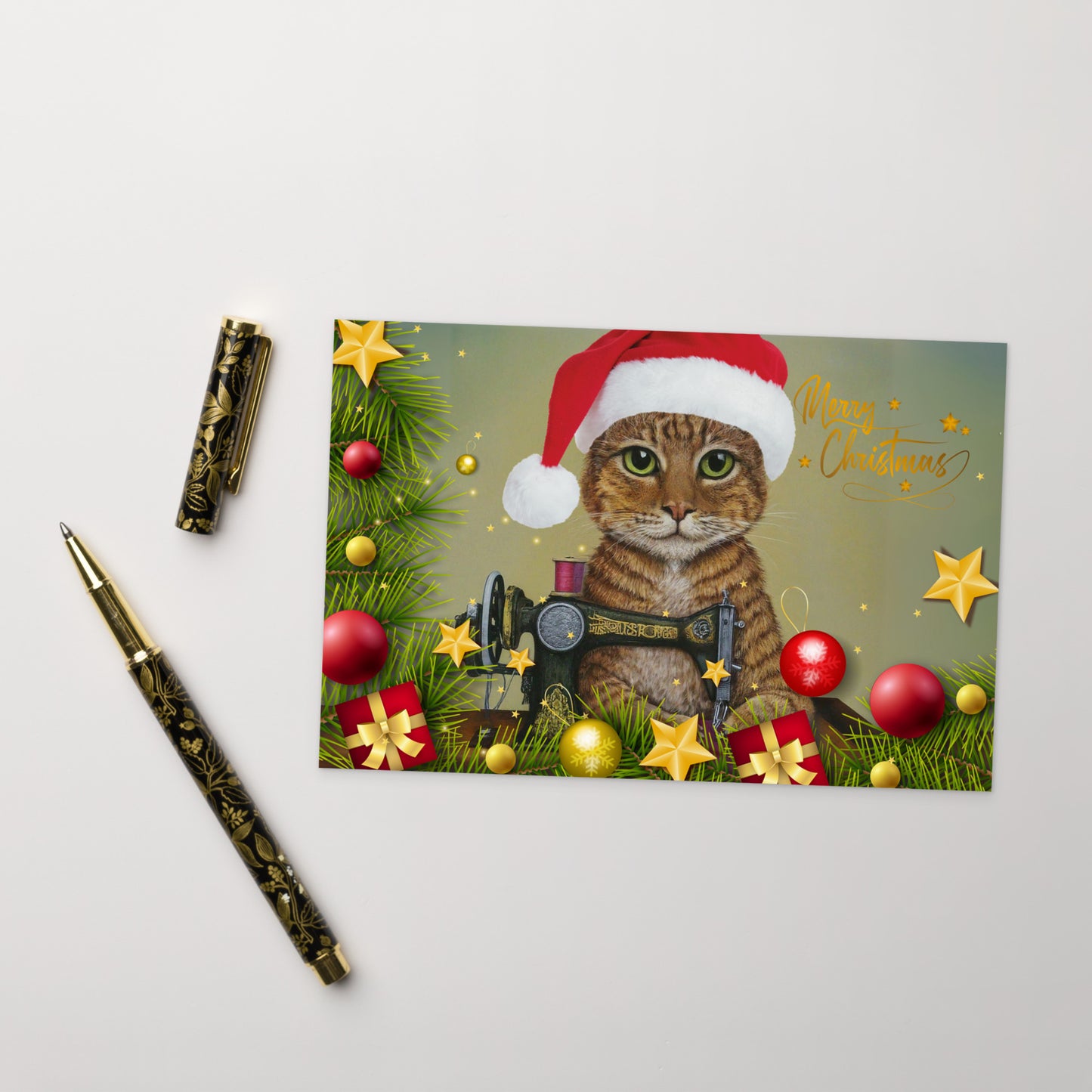 Merry Christmas Ginger Sewing Cat Postcard