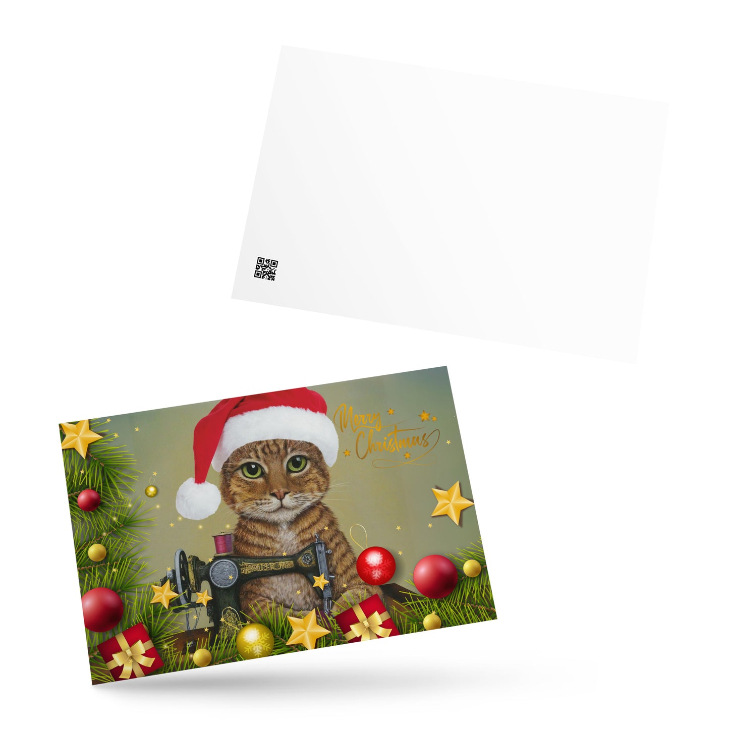 Merry Chrtistmas Ginger Sewing Cat Note Card