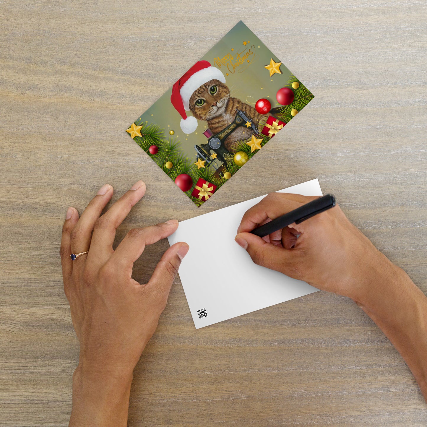 Merry Chrtistmas Ginger Sewing Cat Note Card