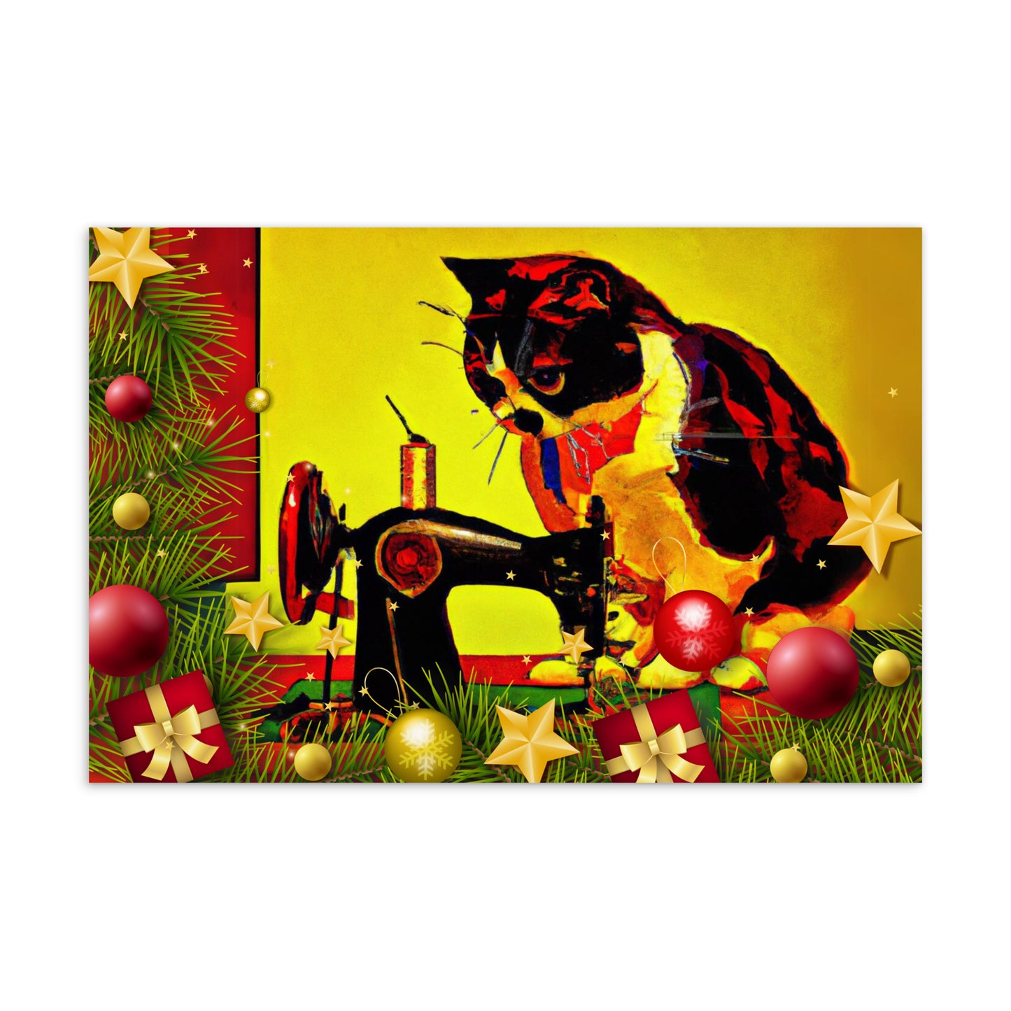 Christmas Note Card Pop Art Sewing Cat