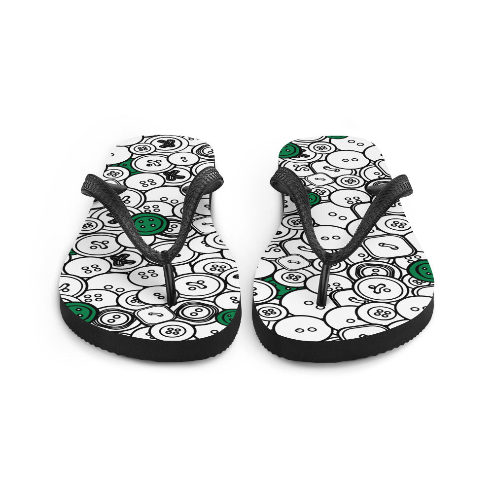 Front view of Flip-flops with "Green Buttons" design, the perfect gift for people who love to sew