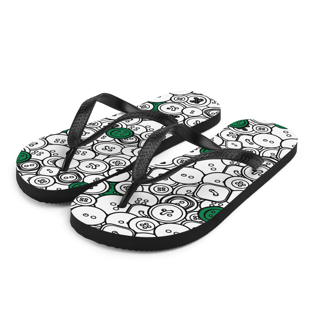 Front of Flip-flops with "Green Buttons" design, the perfect gift for people who love to sew