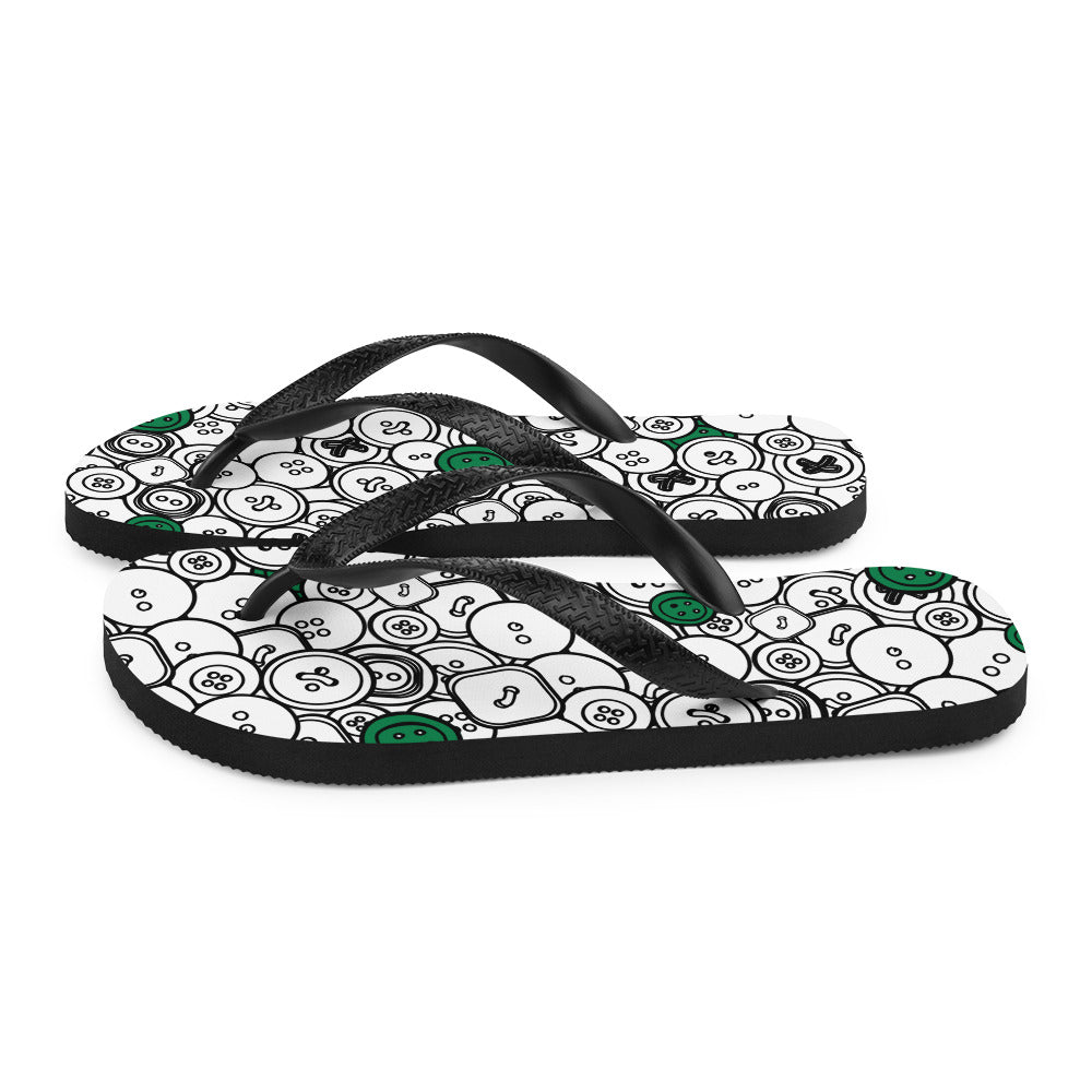 Left view of Flip-flops with "Green Buttons" design, the perfect gift for people who love to sew