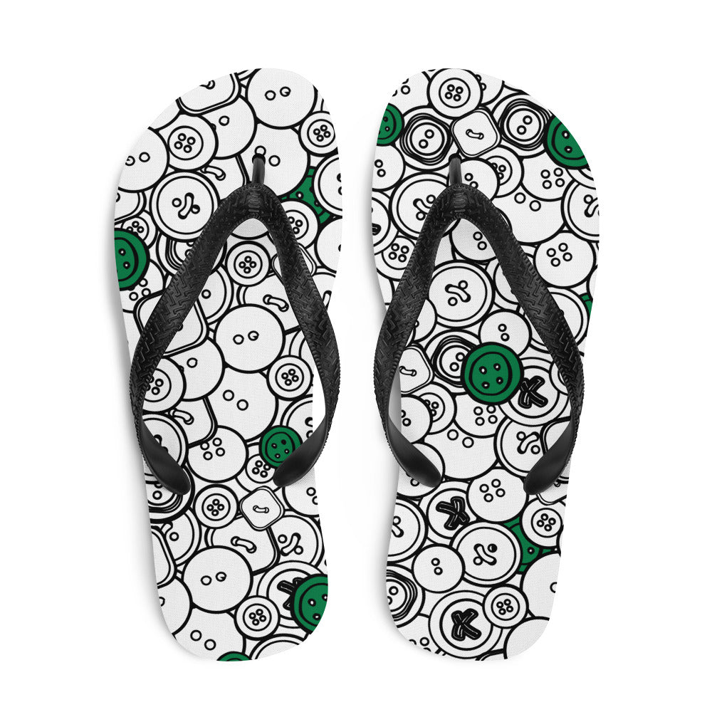 Top view of Flip-flops with "Green Buttons" design, the perfect gift for people who love to sew