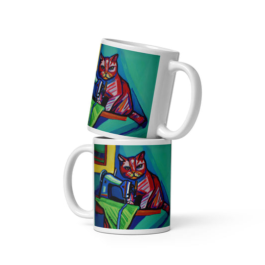 Glossy Mug  with "Sewing Cat" design - The Perfect Gift for People who Love to Sew