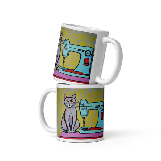 Glossy Mug  with "Sewing Cat" design - The Perfect Gift for People who Love to Sew