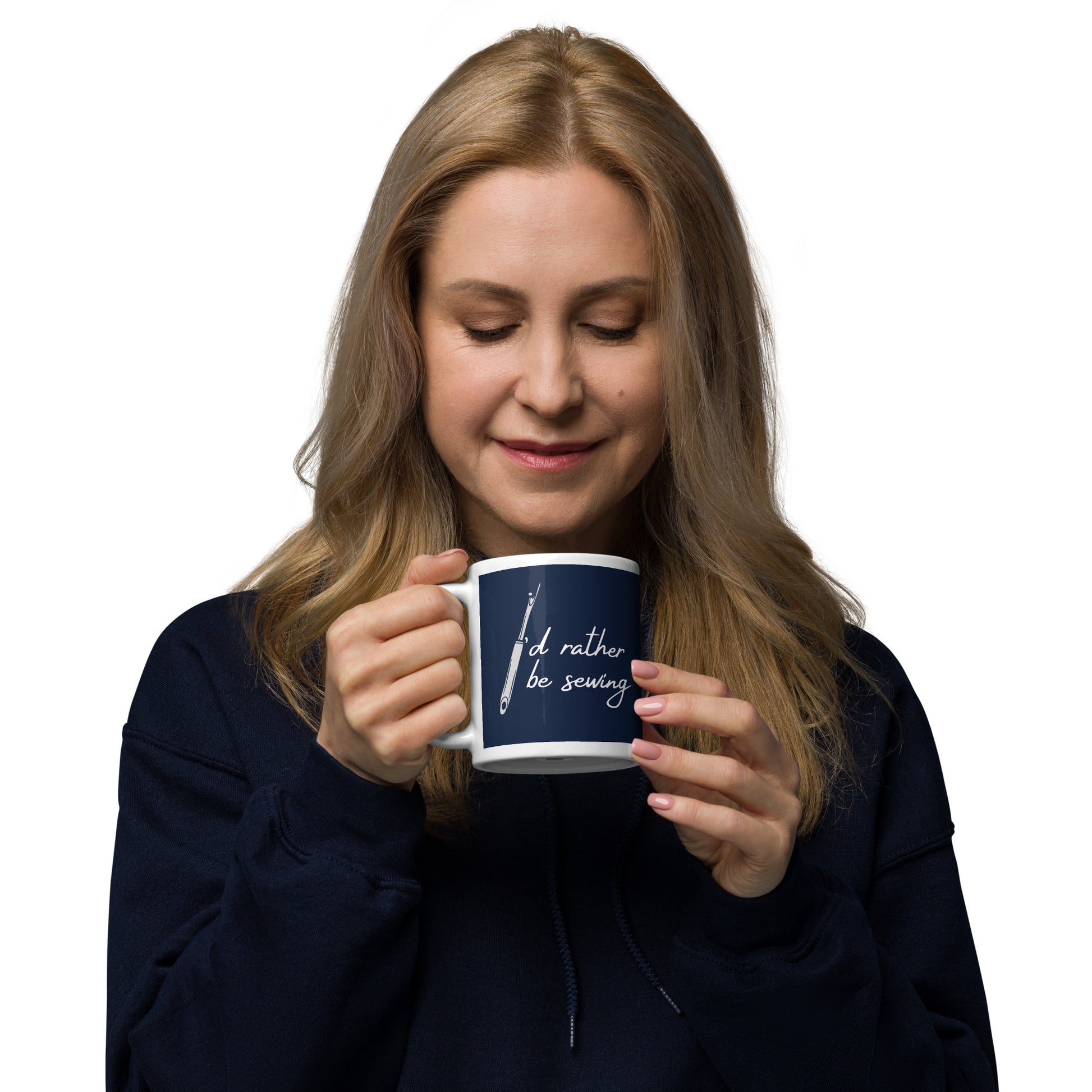 Navy Mug with "I'd Rather Be Sewing" Graphic - The Perfect Gift for People who Love to Sew