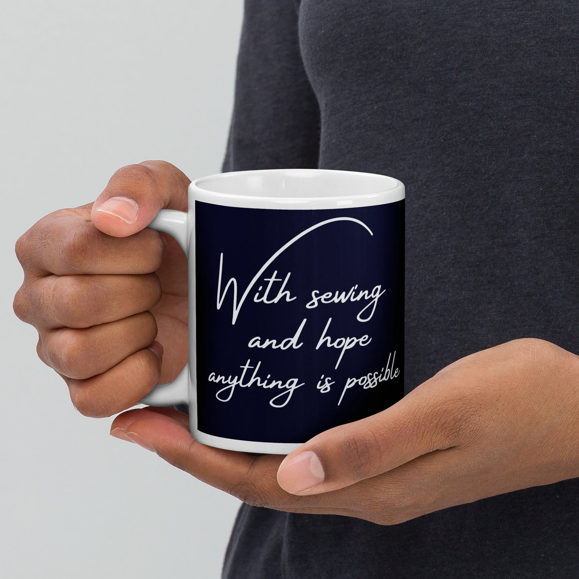 Navy Mug with "With Sewing and Hope, Anything is Possible" - The Perfect Gift for People who Love to Sew