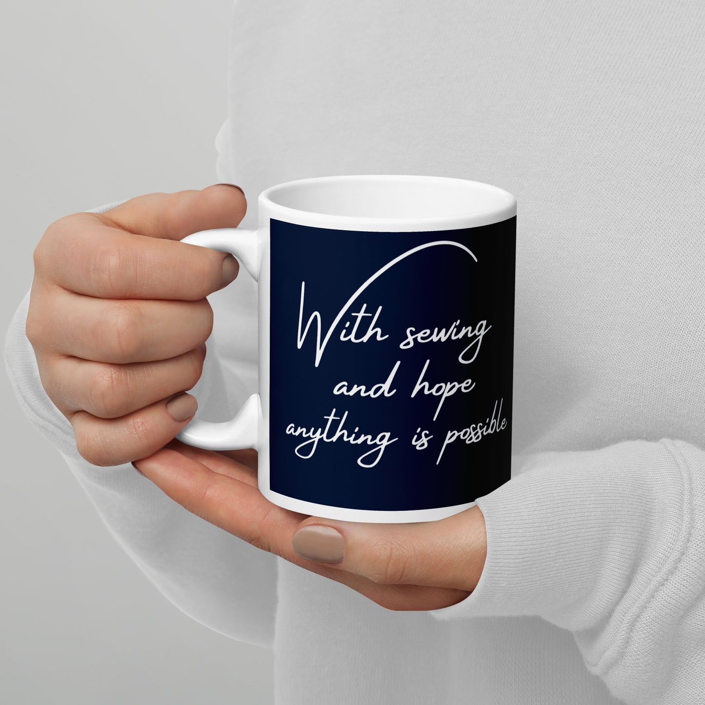 Navy Mug with "With Sewing and Hope, Anything is Possible" - The Perfect Gift for People who Love to Sew