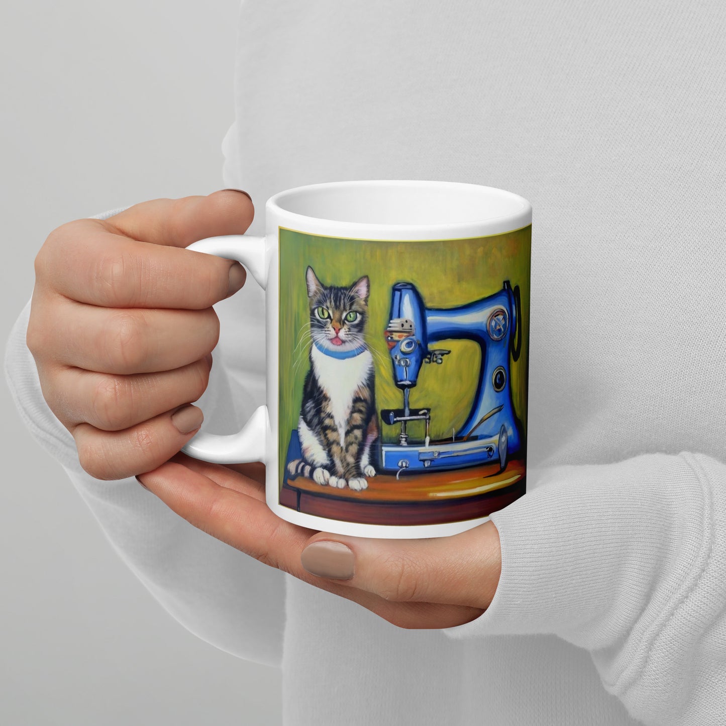 Glossy Mug  with "Sewing Cat" design - The Perfect Gift for People who Love to Sew