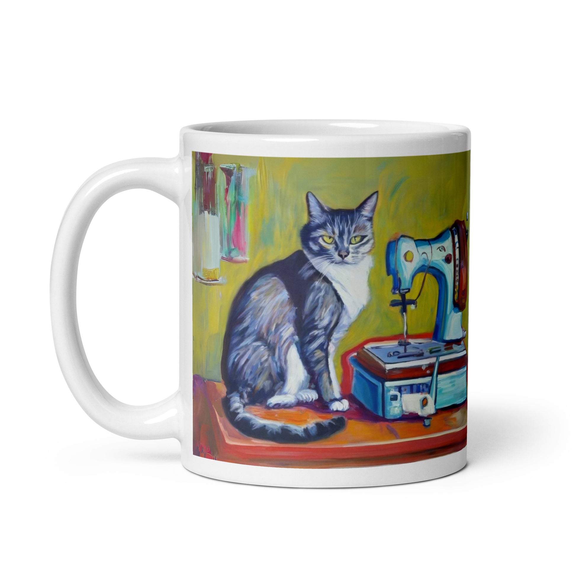 Glossy Mug  with "Sewing Cat" design - The Perfect Gift for People who Love to Sew