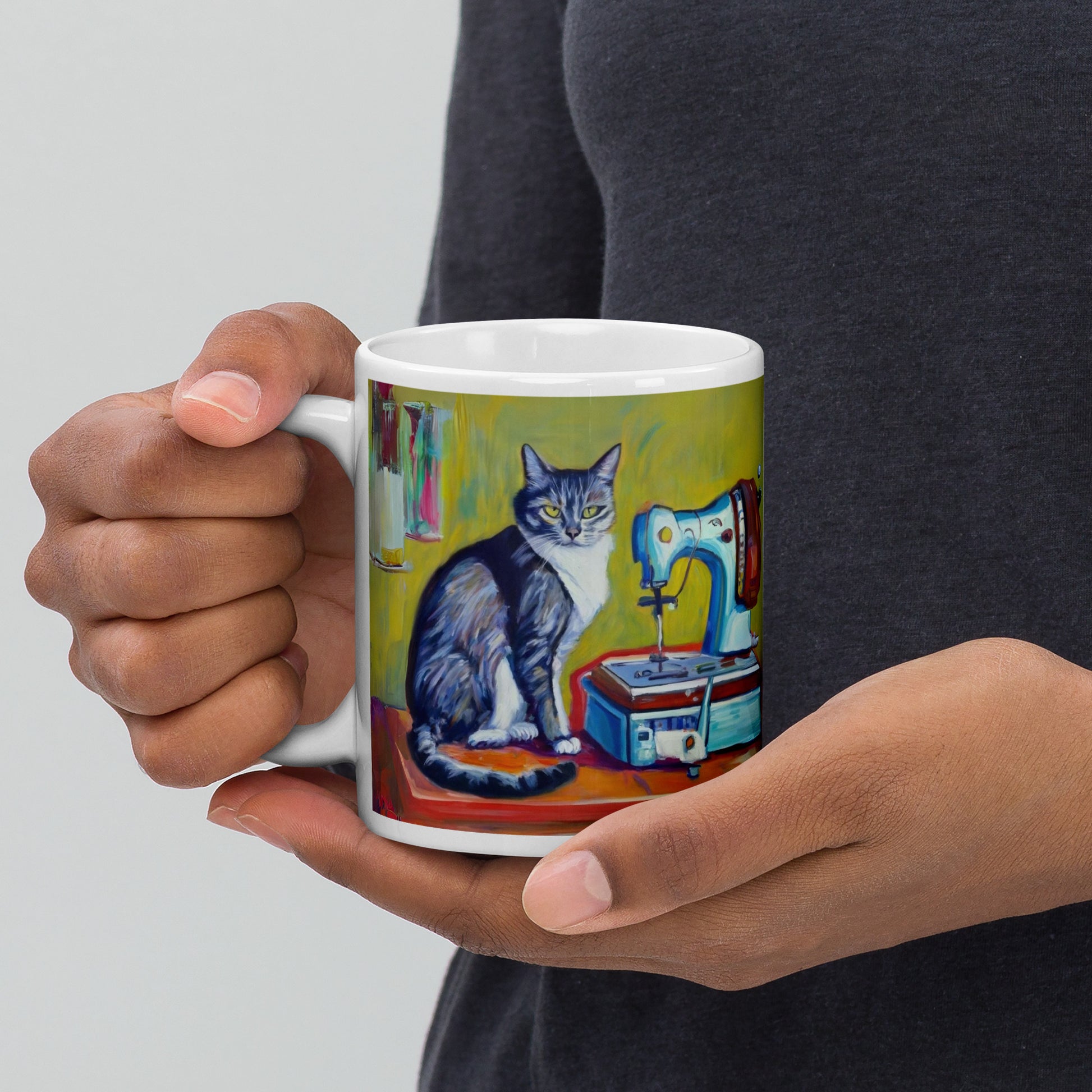 Glossy Mug  with "Sewing Cat" design - The Perfect Gift for People who Love to Sew