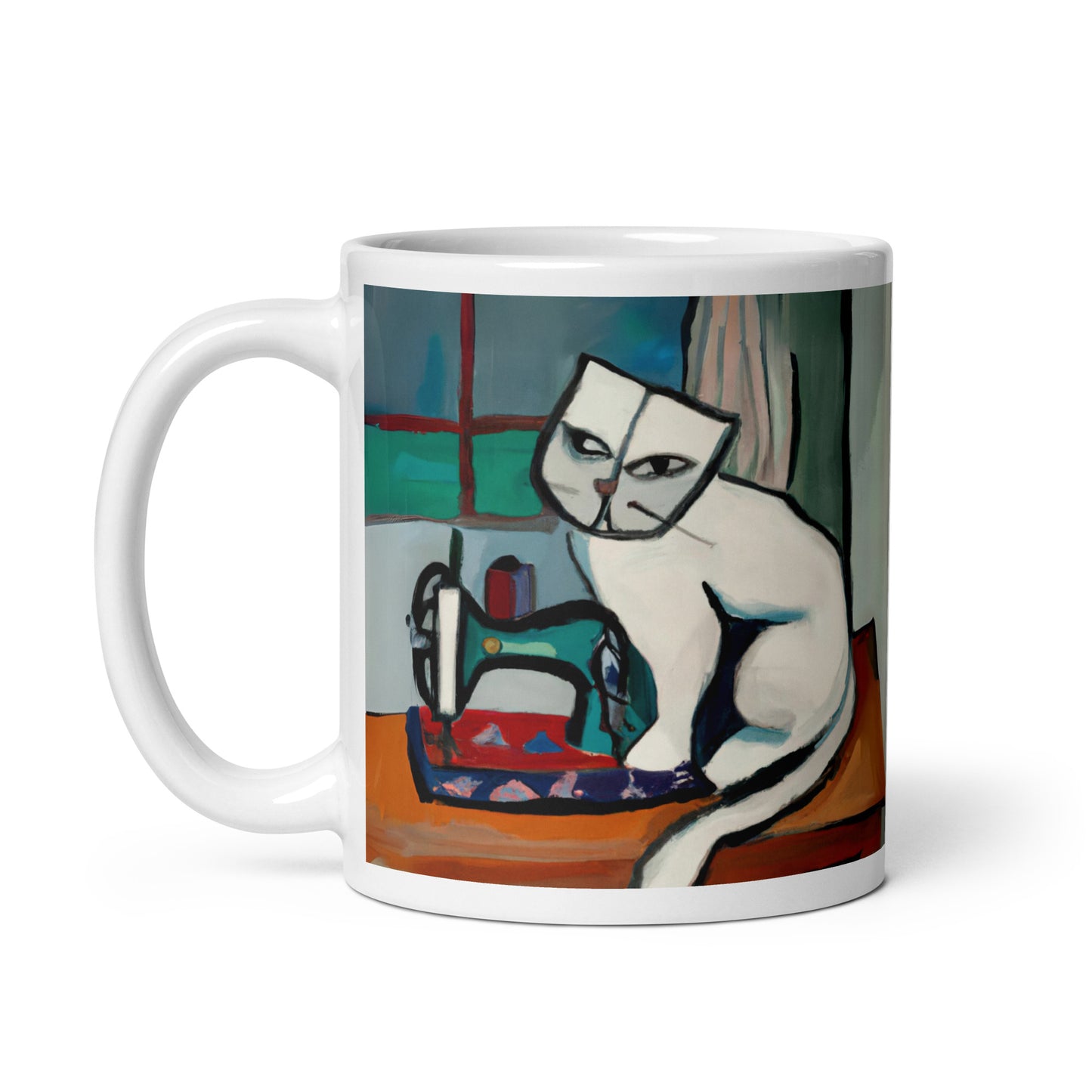 Glossy Mug  with "Sewing Cat" design - The Perfect Gift for People who Love to Sew