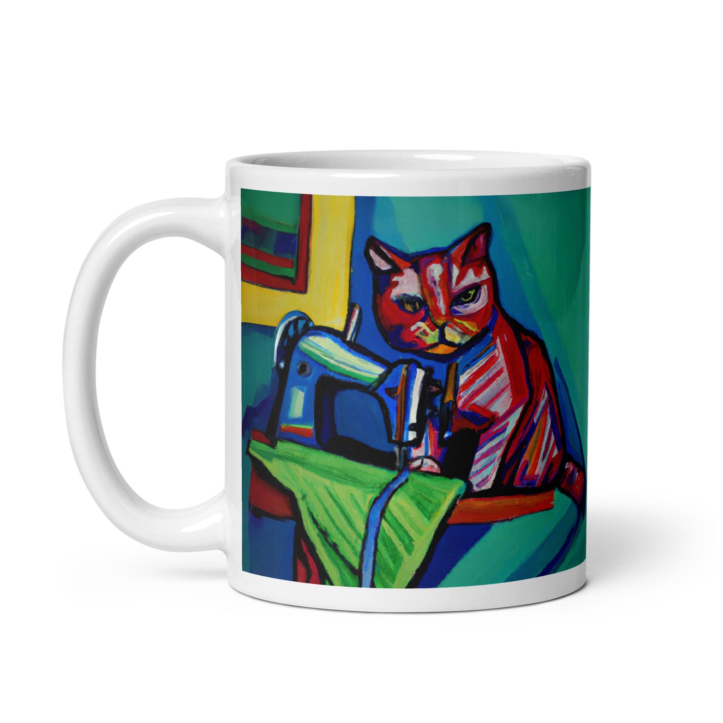 Glossy Mug  with "Sewing Cat" design - The Perfect Gift for People who Love to Sew