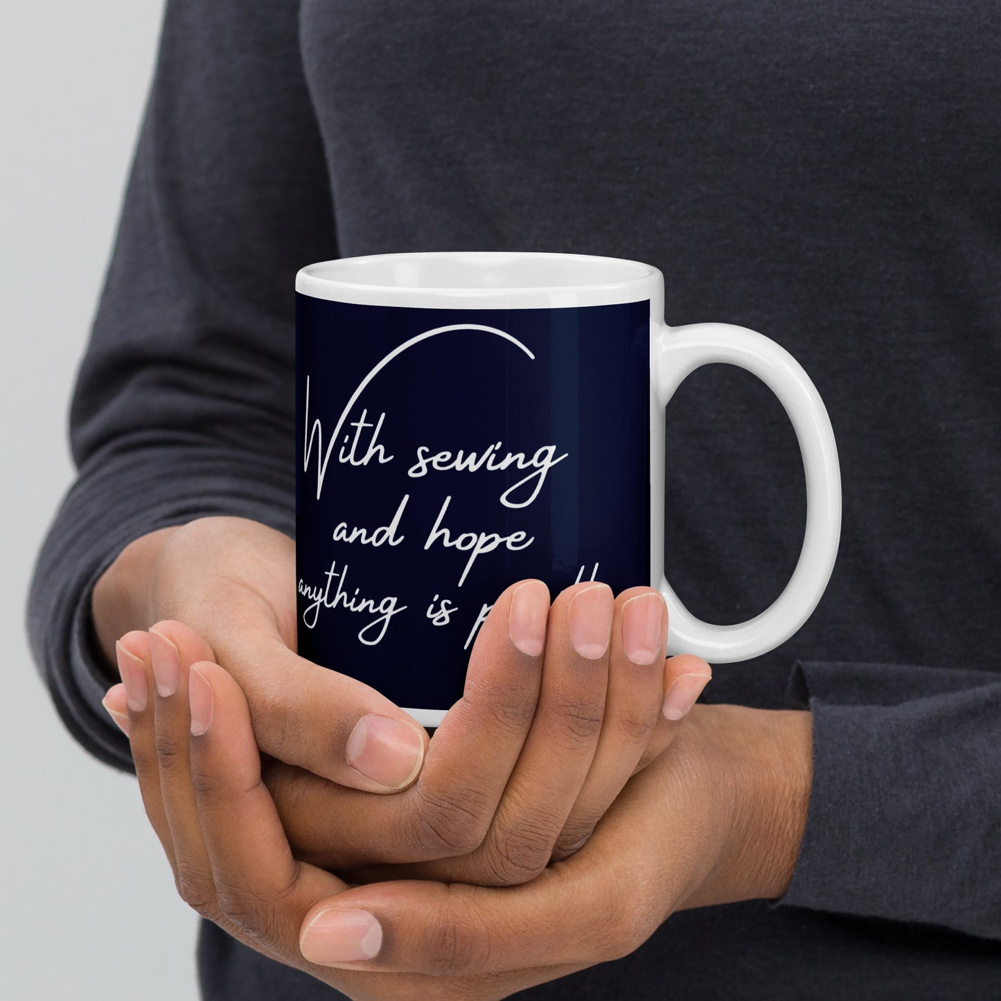 Navy Mug with "With Sewing and Hope, Anything is Possible" - The Perfect Gift for People who Love to Sew