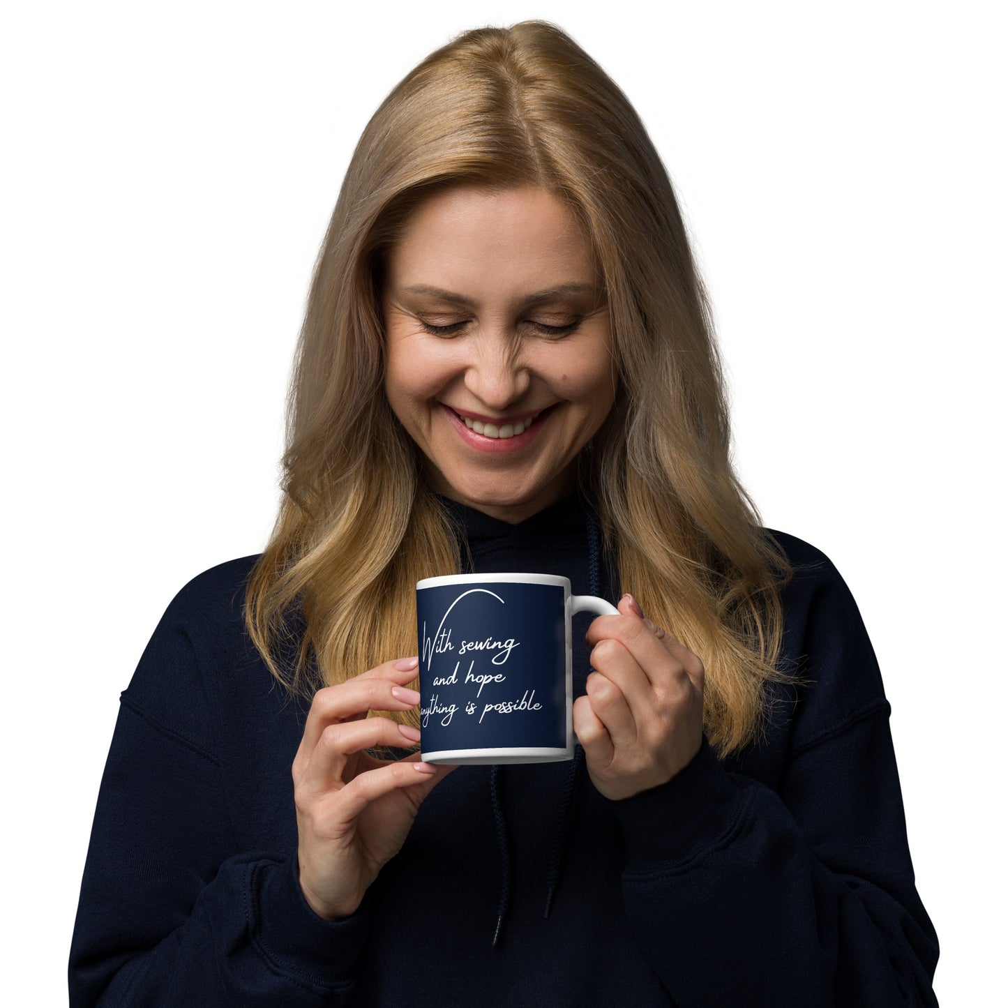 Navy Mug with "With Sewing and Hope, Anything is Possible" - The Perfect Gift for People who Love to Sew