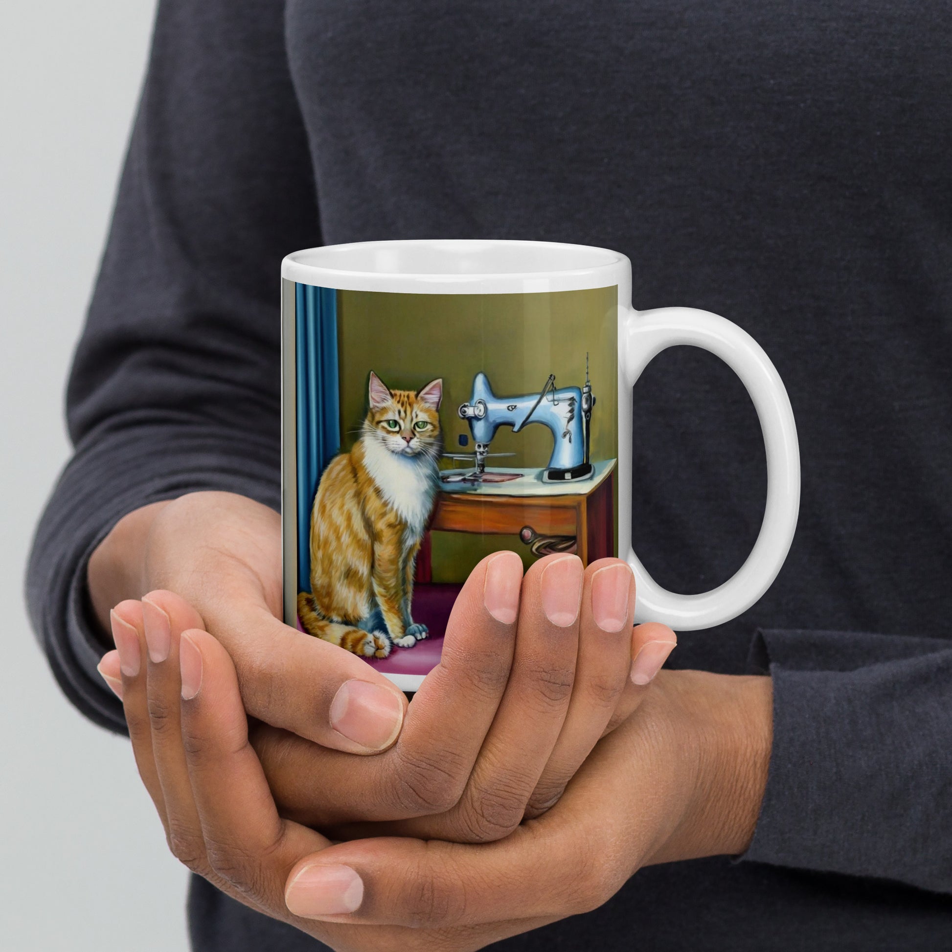 Glossy Mug  with "Sewing Cat" design - The Perfect Gift for People who Love to Sew