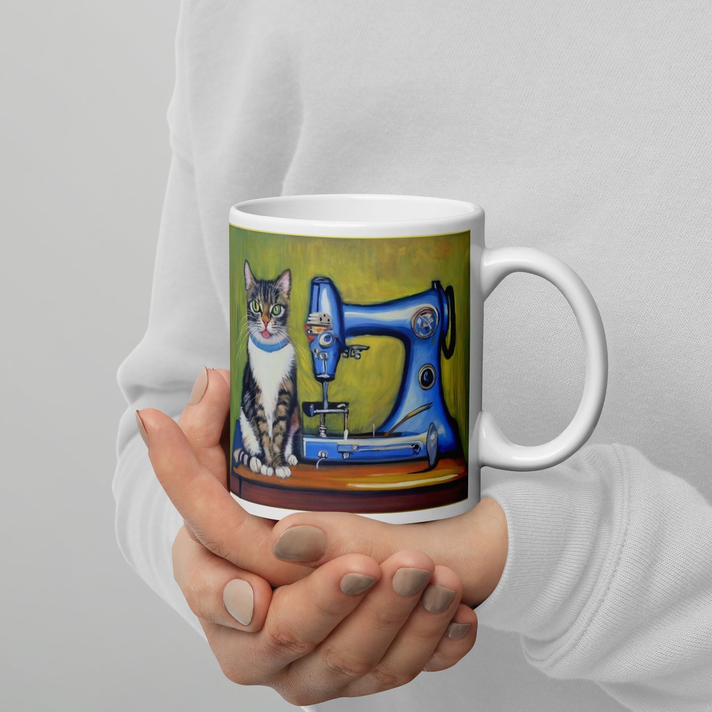 Glossy Mug  with "Sewing Cat" design - The Perfect Gift for People who Love to Sew