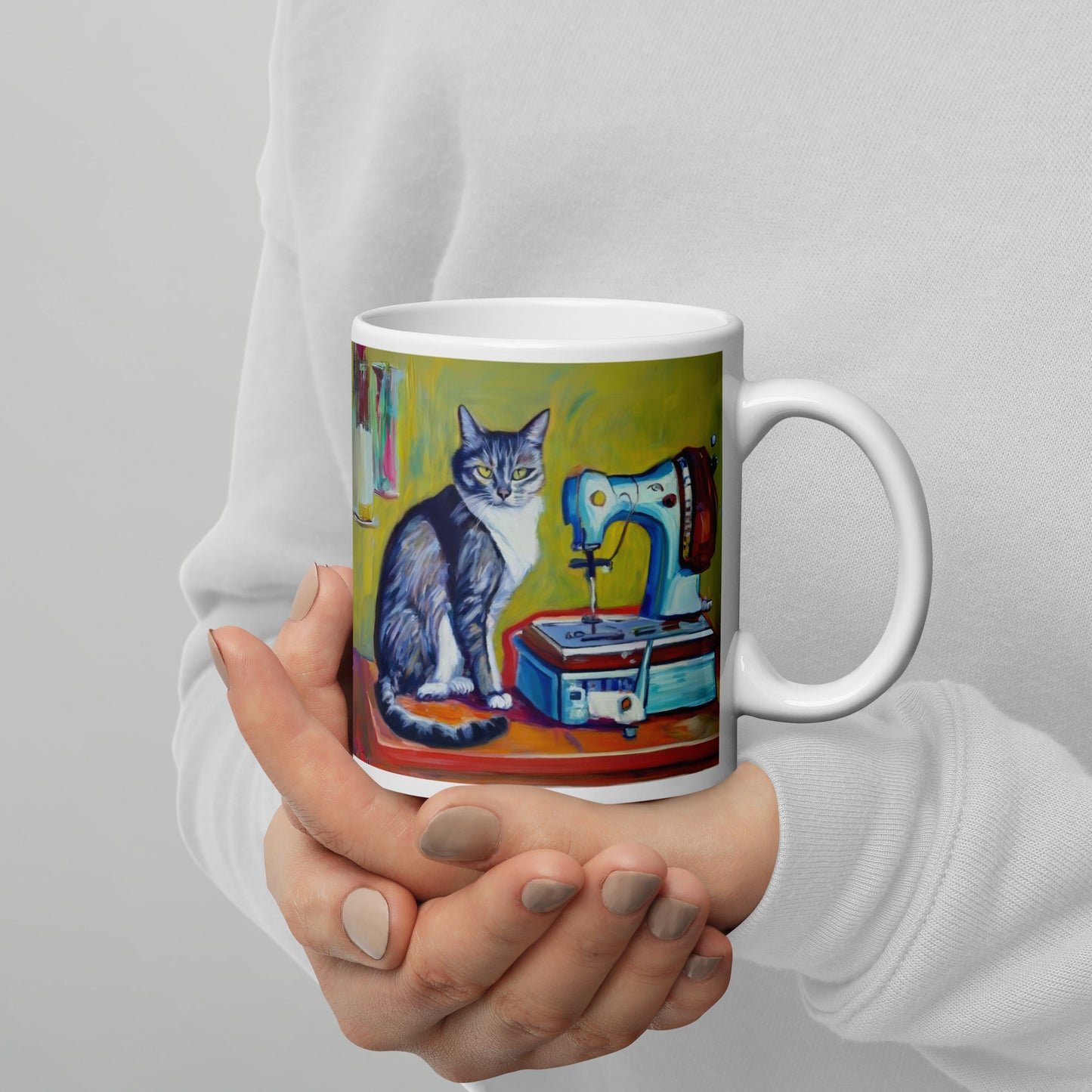 Glossy Mug  with "Sewing Cat" design - The Perfect Gift for People who Love to Sew