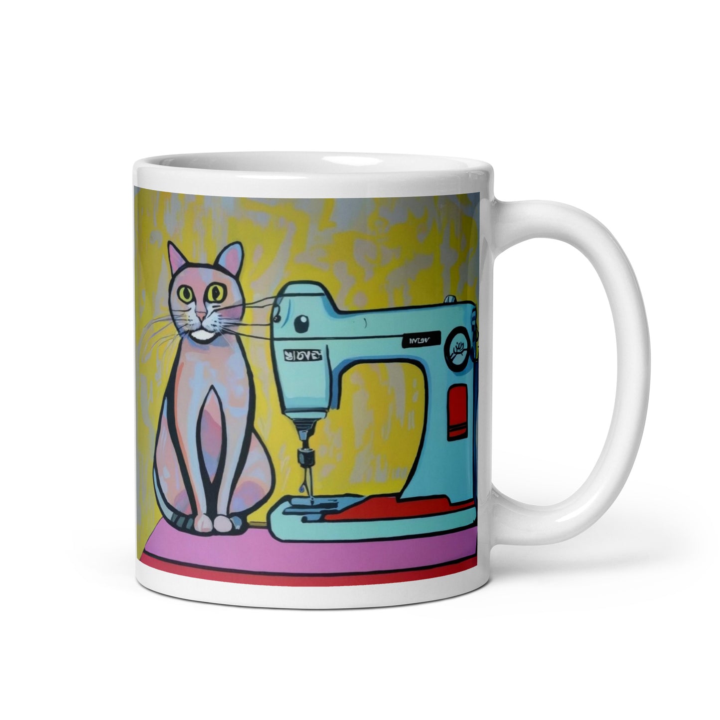 Glossy Mug  with "Sewing Cat" design - The Perfect Gift for People who Love to Sew