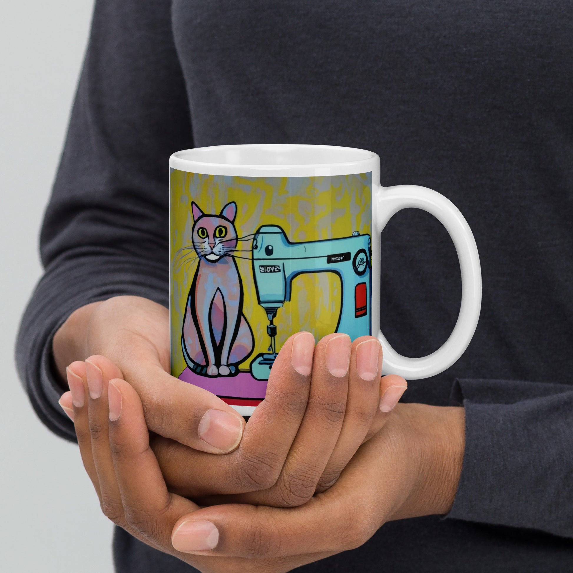 Glossy Mug  with "Sewing Cat" design - The Perfect Gift for People who Love to Sew