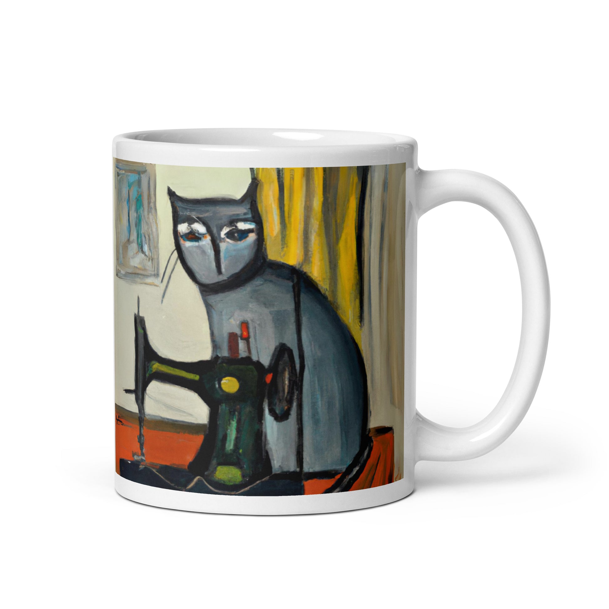 Glossy Mug  with "Sewing Cat" design - The Perfect Gift for People who Love to Sew