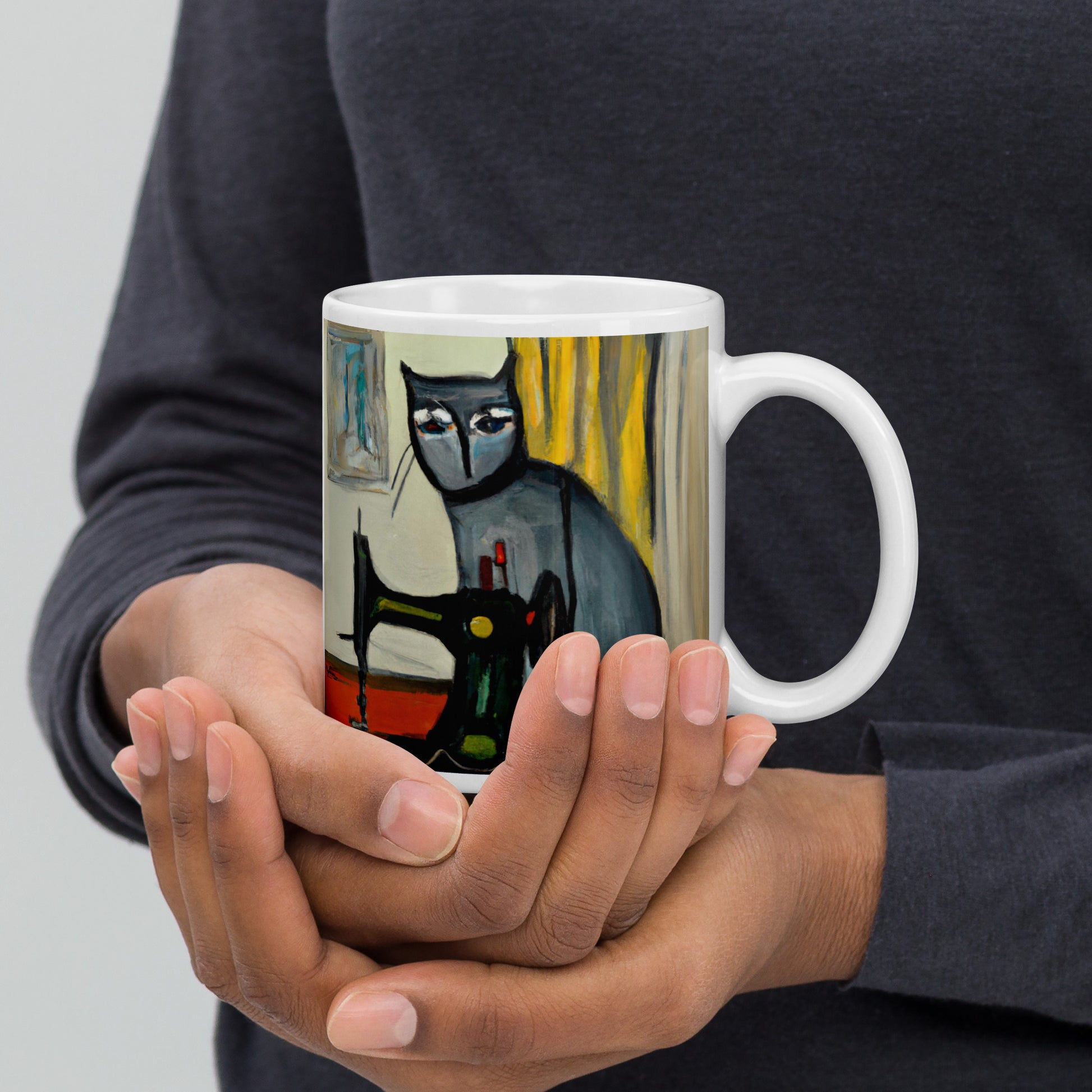 Glossy Mug  with "Sewing Cat" design - The Perfect Gift for People who Love to Sew