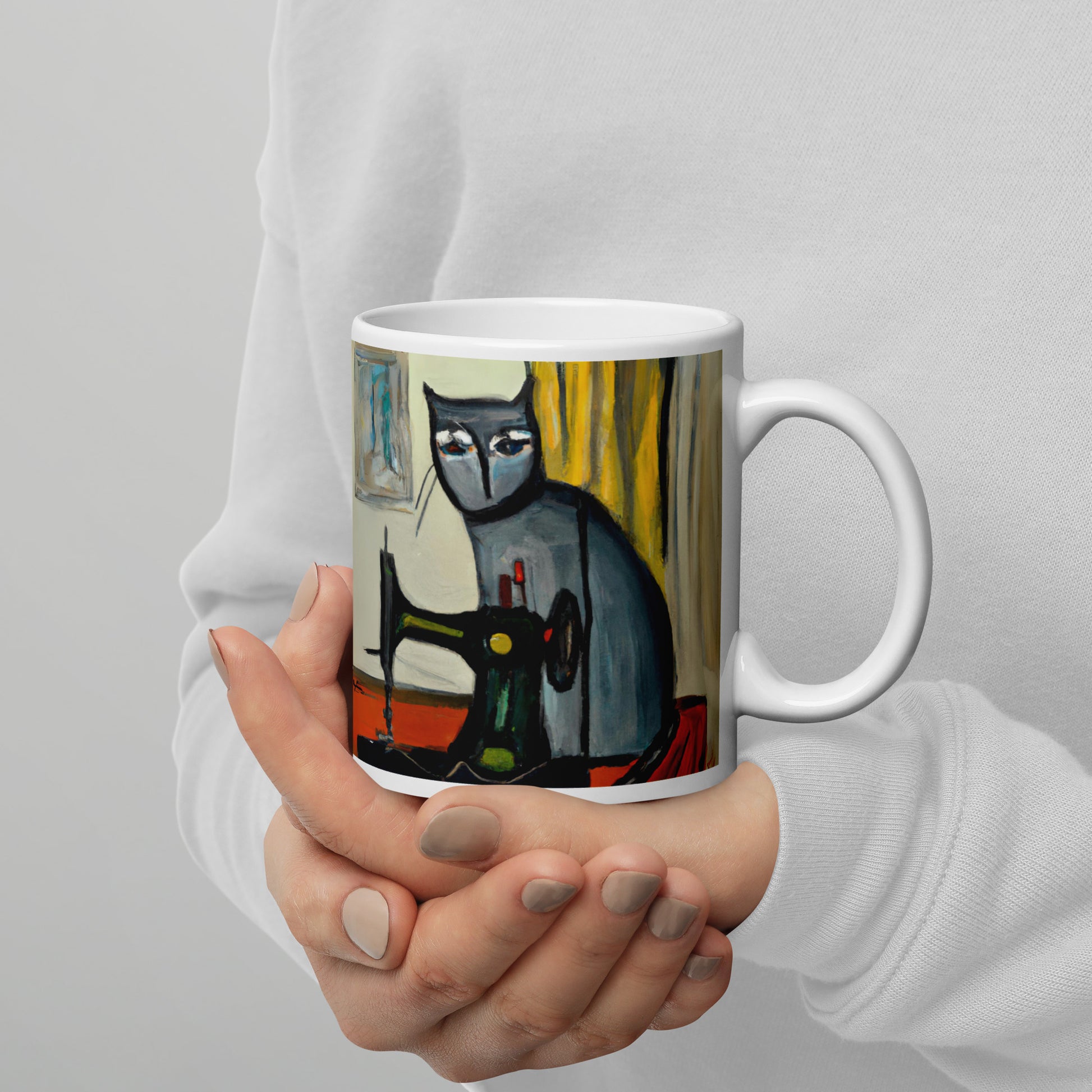 Glossy Mug  with "Sewing Cat" design - The Perfect Gift for People who Love to Sew