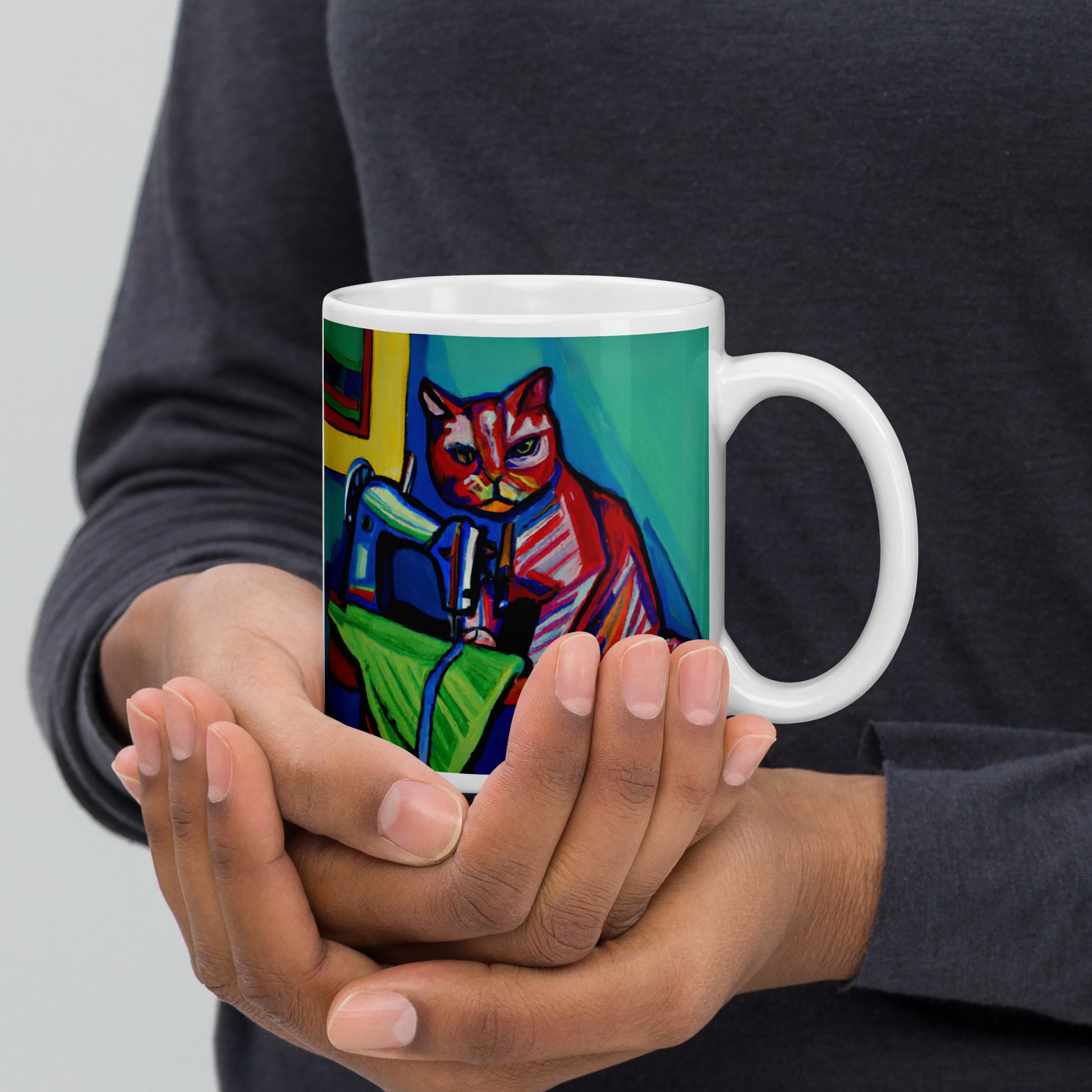 Glossy Mug  with "Sewing Cat" design - The Perfect Gift for People who Love to Sew