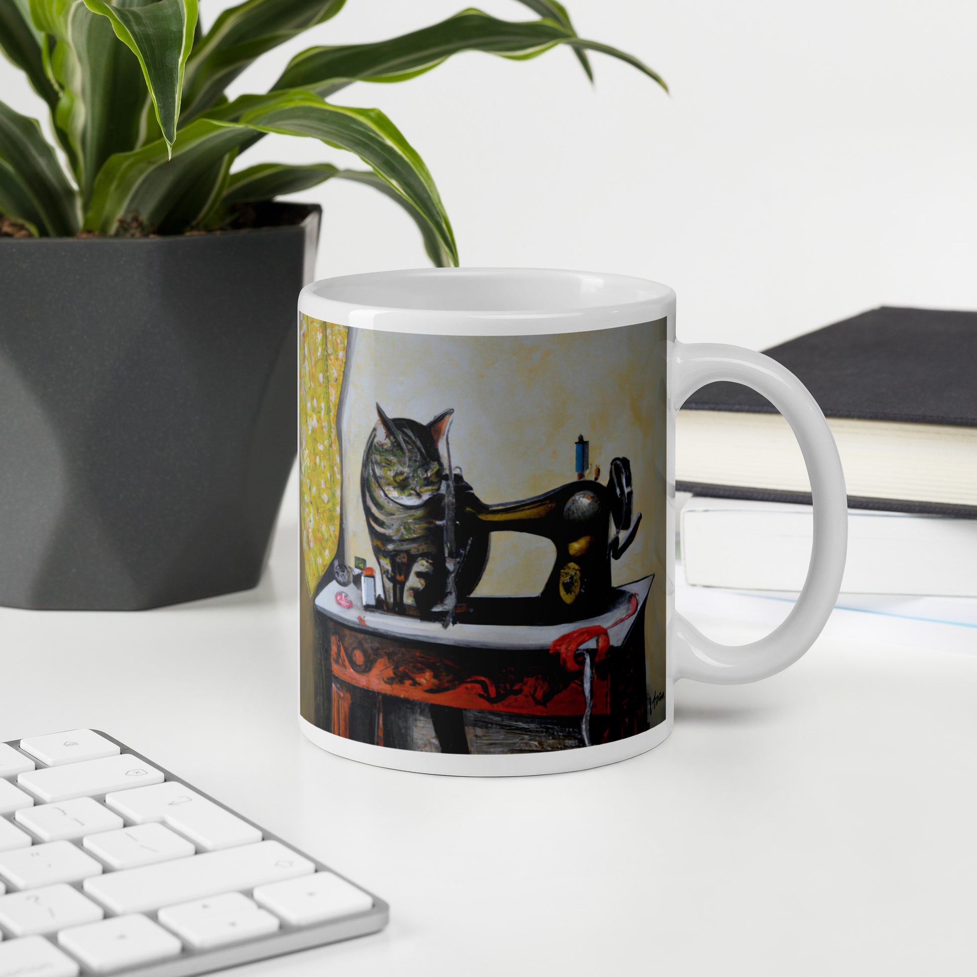 Glossy Mug  with "Sewing Cat" design - The Perfect Gift for People who Love to Sew