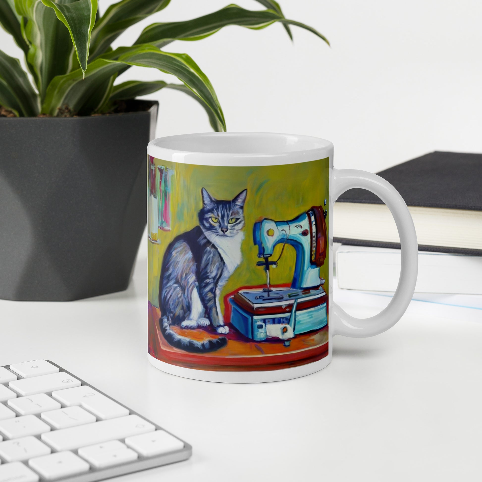 Glossy Mug  with "Sewing Cat" design - The Perfect Gift for People who Love to Sew