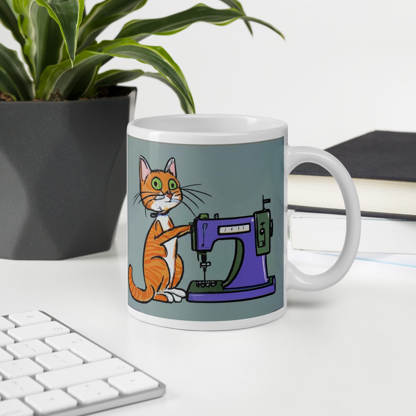 Glossy Mug  with "Sewing Cat" design - The Perfect Gift for People who Love to Sew