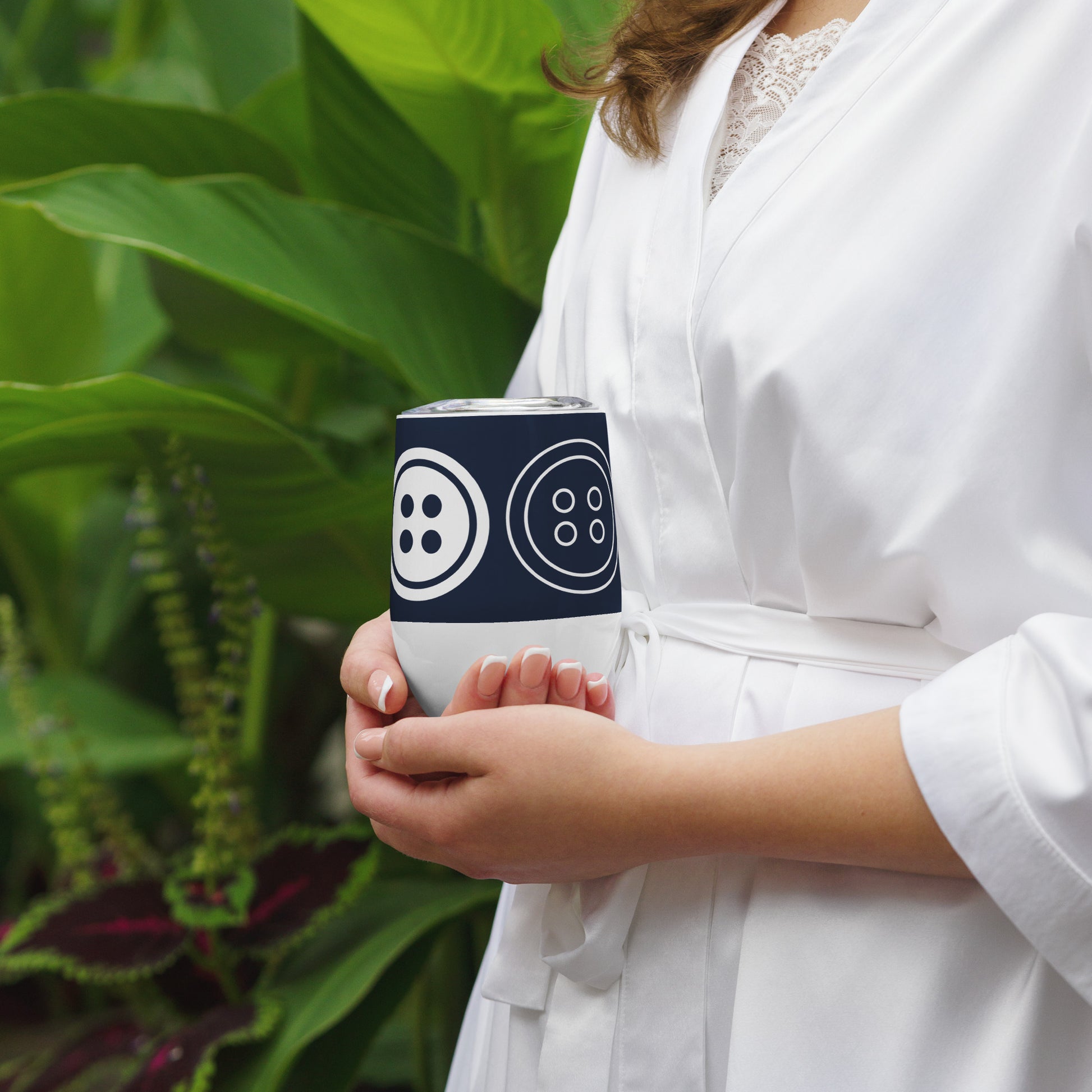 Navy Wine Tumbler with "Big Buttons" Graphic - The Perfect Gift for People who Love to Sew