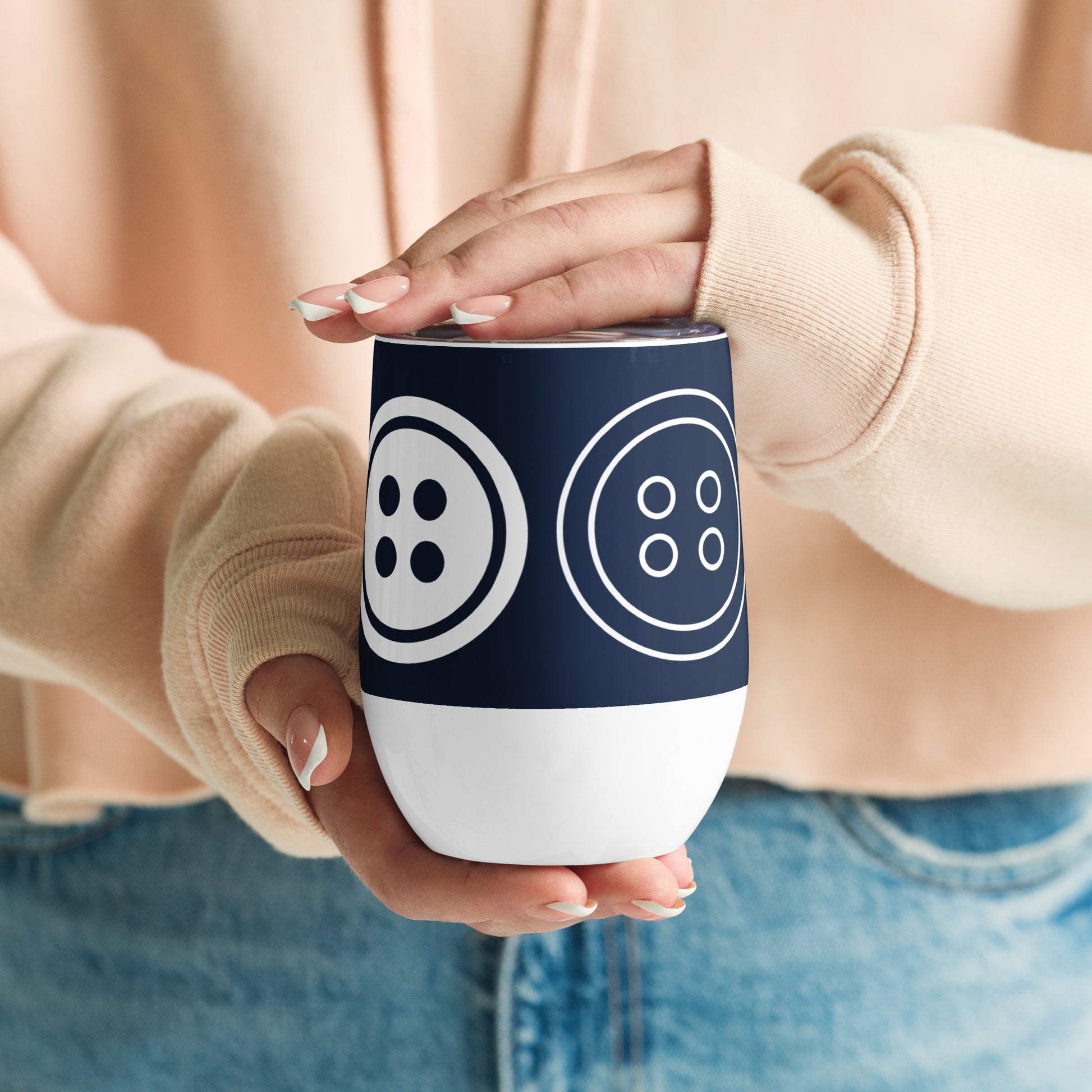 Navy Wine Tumbler with "Big Buttons" Graphic - The Perfect Gift for People who Love to Sew