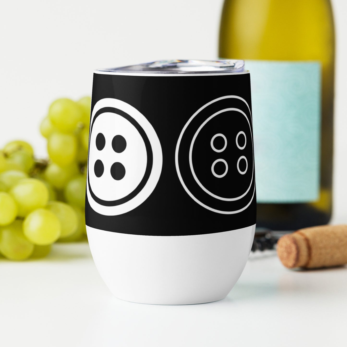 Black Wine Tumbler with "Big Buttons" Graphic - The Perfect Gift for People who Love to Sew