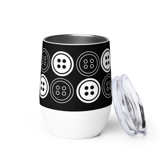 Black Wine Tumbler with "Buttons" Graphic - The Perfect Gift for People who Love to Sew