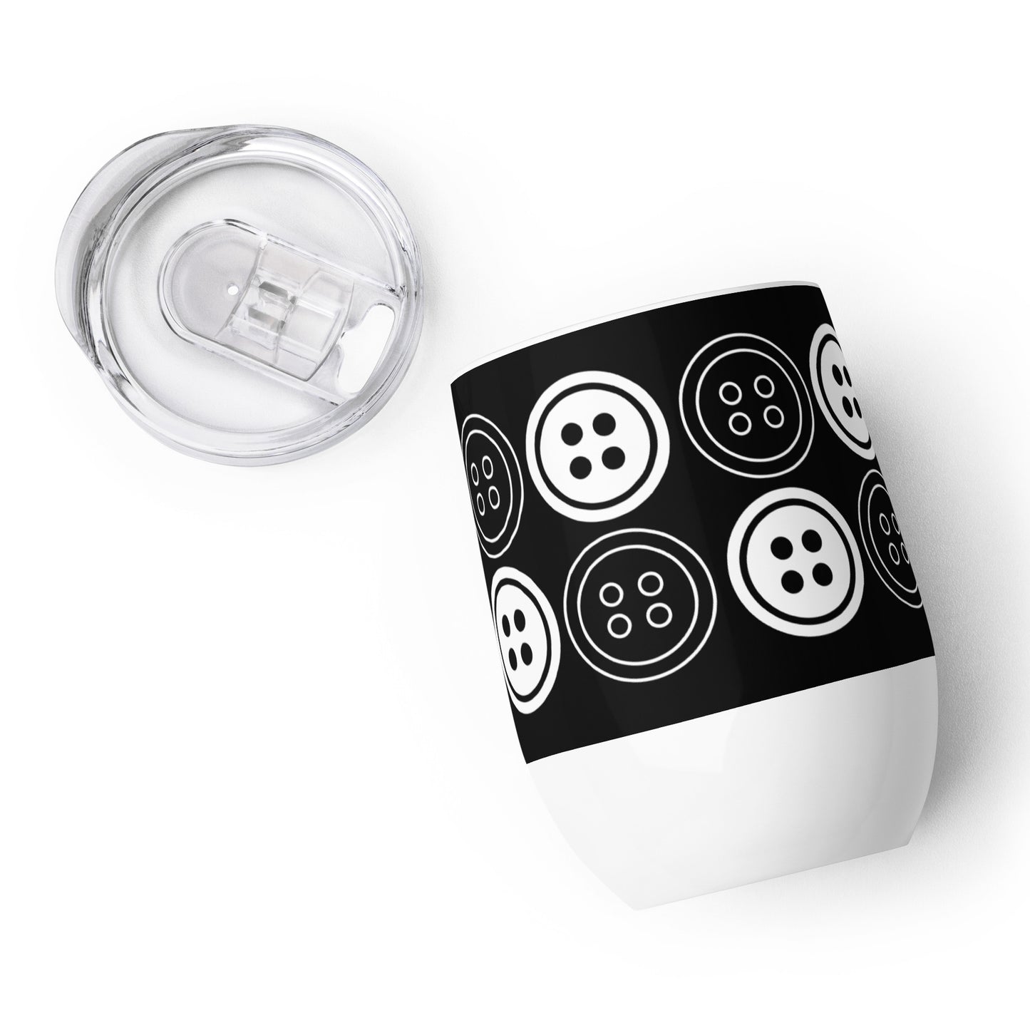 Black Wine Tumbler with "Buttons" Graphic - The Perfect Gift for People who Love to Sew