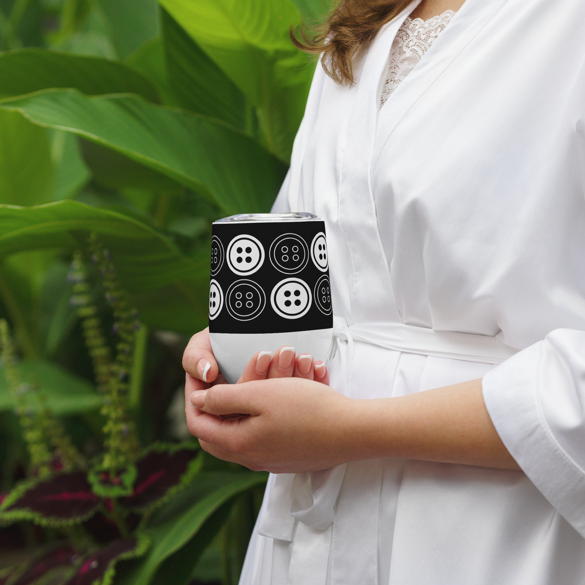 Black Wine Tumbler with "Buttons" Graphic - The Perfect Gift for People who Love to Sew