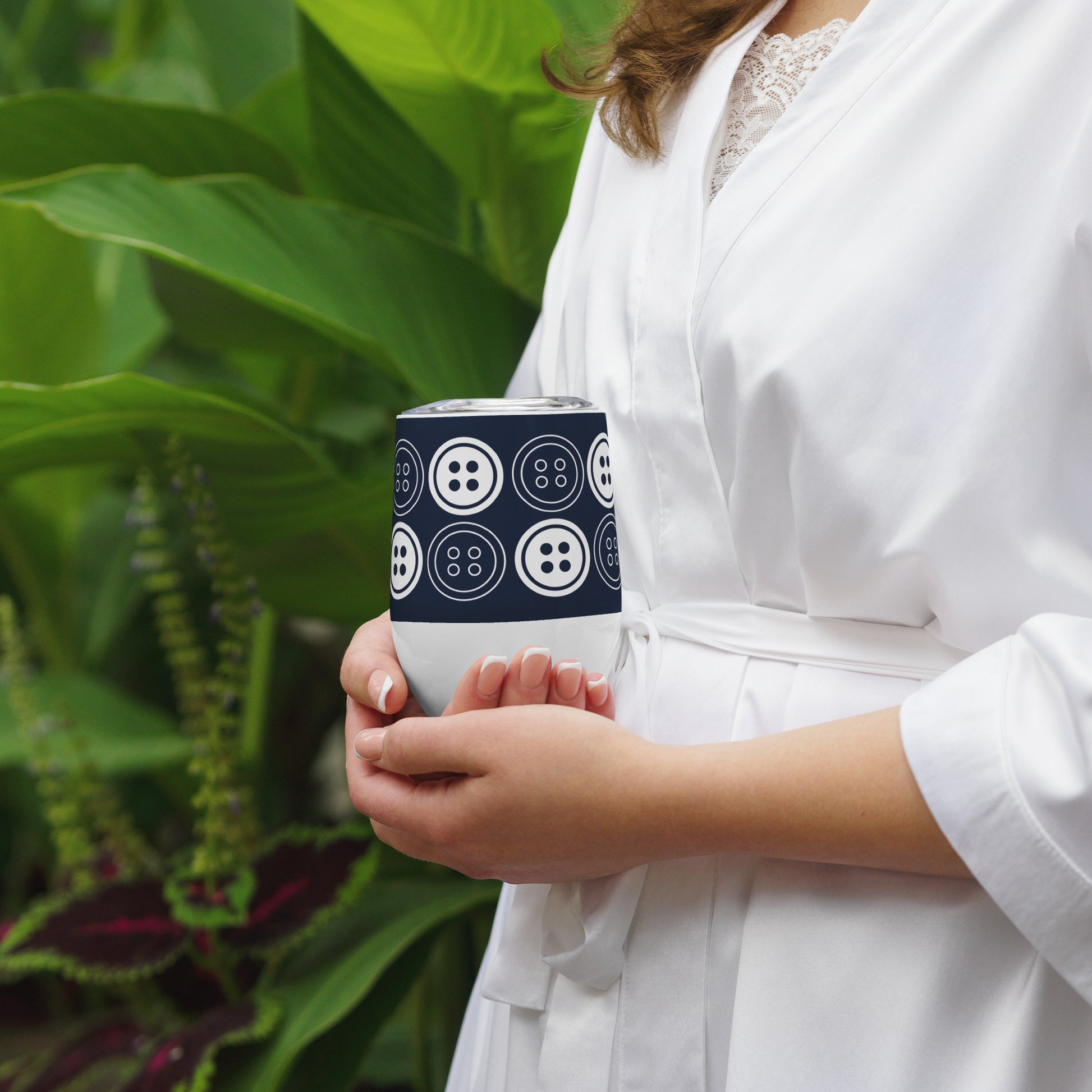 Navy Wine Tumbler with "Buttons" Graphic - The Perfect Gift for People who Love to Sew