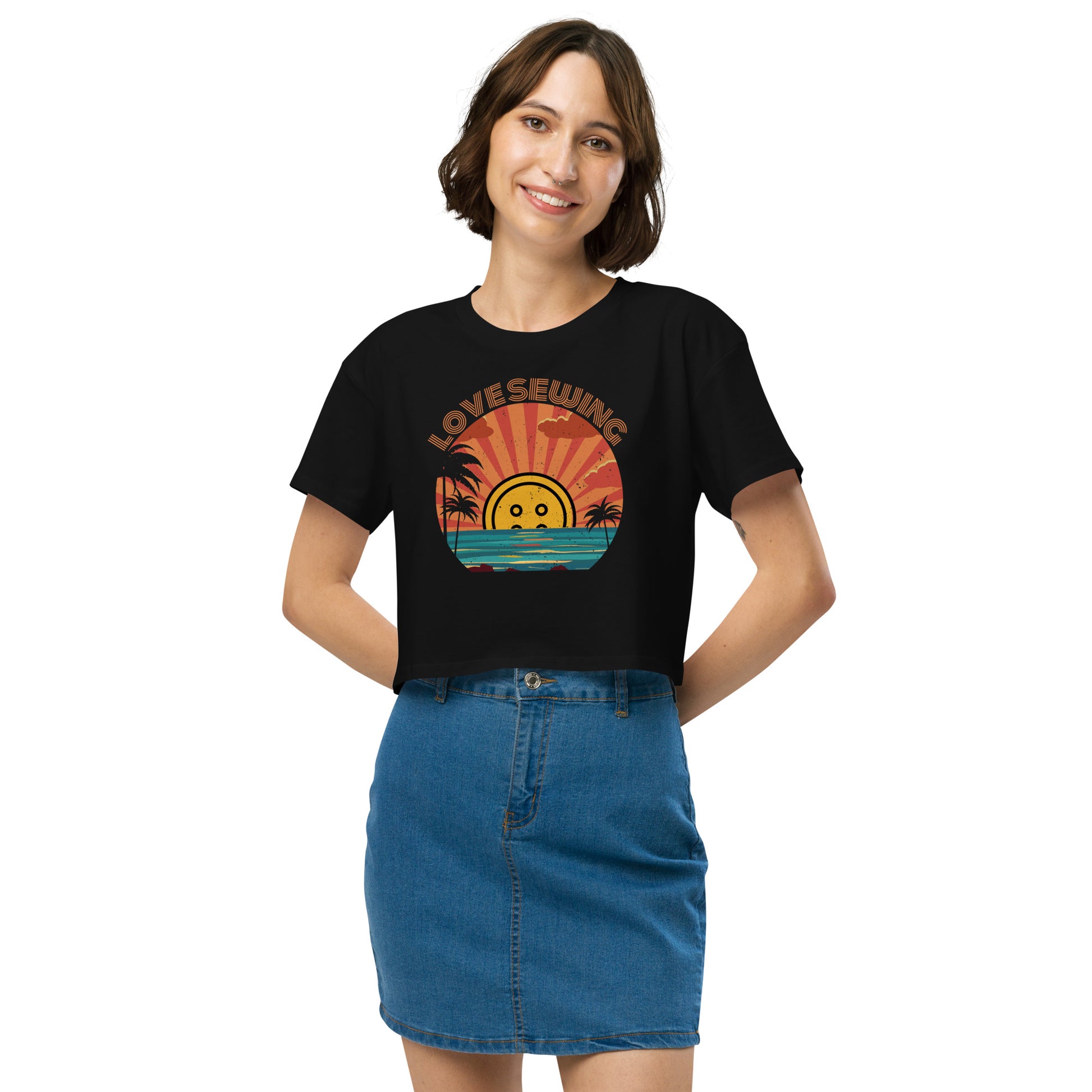 Black Crop top with "Tropical Love Sewing" design – The Perfect Gift for People who Love to Sew