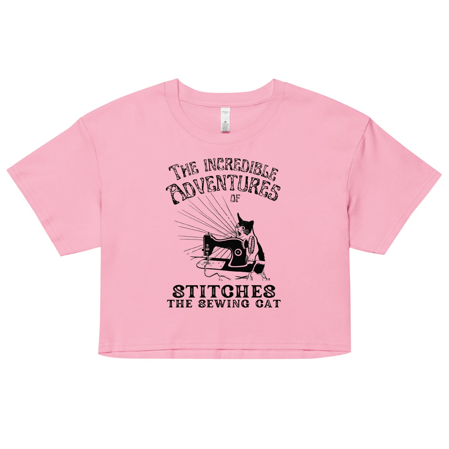 Bubblegum Crop top with "The Incredible Adventures of Stitches the Sewing Cat – The Perfect Gift for People who Love to Sew