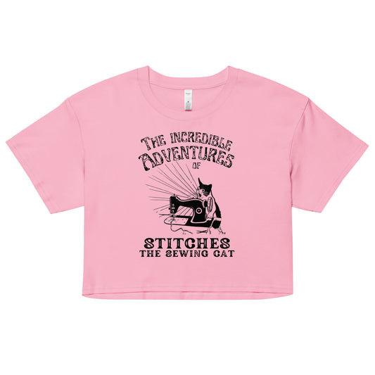 Bubblegum Crop top with "The Incredible Adventures of Stitches the Sewing Cat – The Perfect Gift for People who Love to Sew