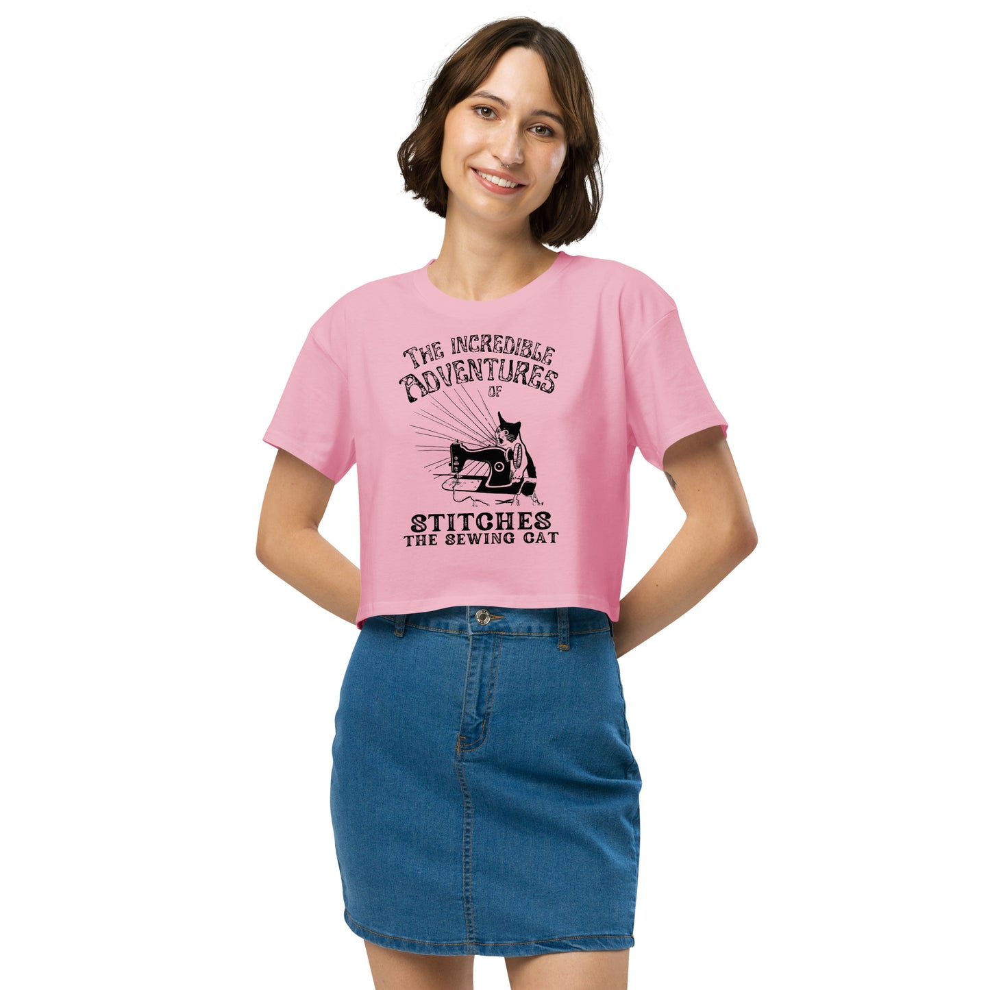 Bubblegum Crop top with "The Incredible Adventures of Stitches the Sewing Cat – The Perfect Gift for People who Love to Sew